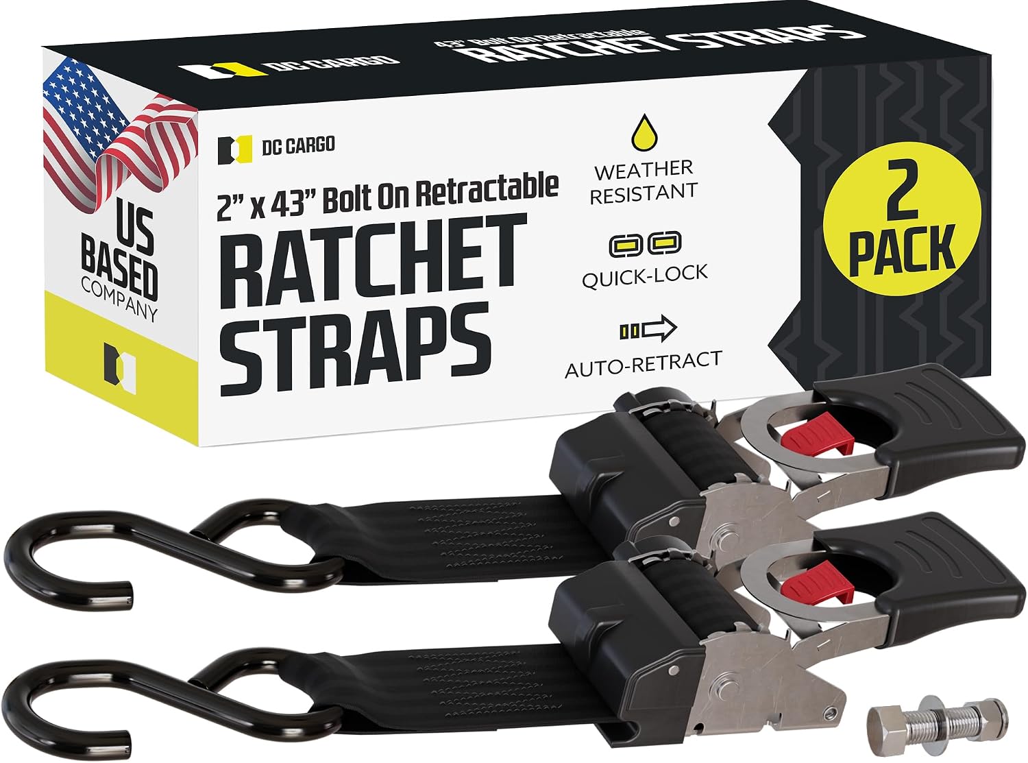 DC Cargo Bolt-on Auto Retractable Ratchets Straps Heavy Duty Stainless (2 Pack) 2 Inch x 43 Inch - Retractable Ratchet Tie Down Straps for Boats, Jet Skis, Motorcycles, ATV - 1,100 lbs Break Strength
