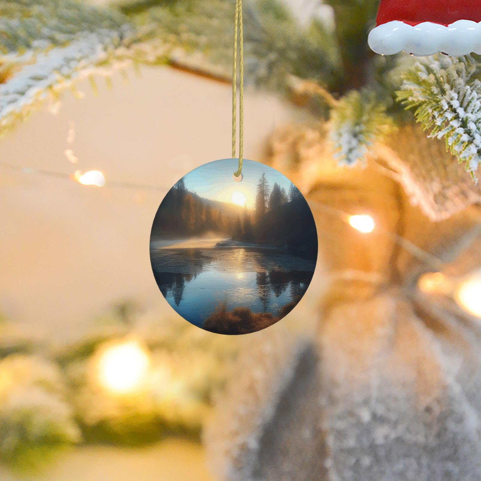 Christmas Ornaments for Christmas Tree Decoration Ceramic Hanging Sunrise Over Mountain Forest Lake Ornament with Gold Ribbon Crafts Round Pendant for Keepsake Gifts Glass Xmas Decor Party Supplies