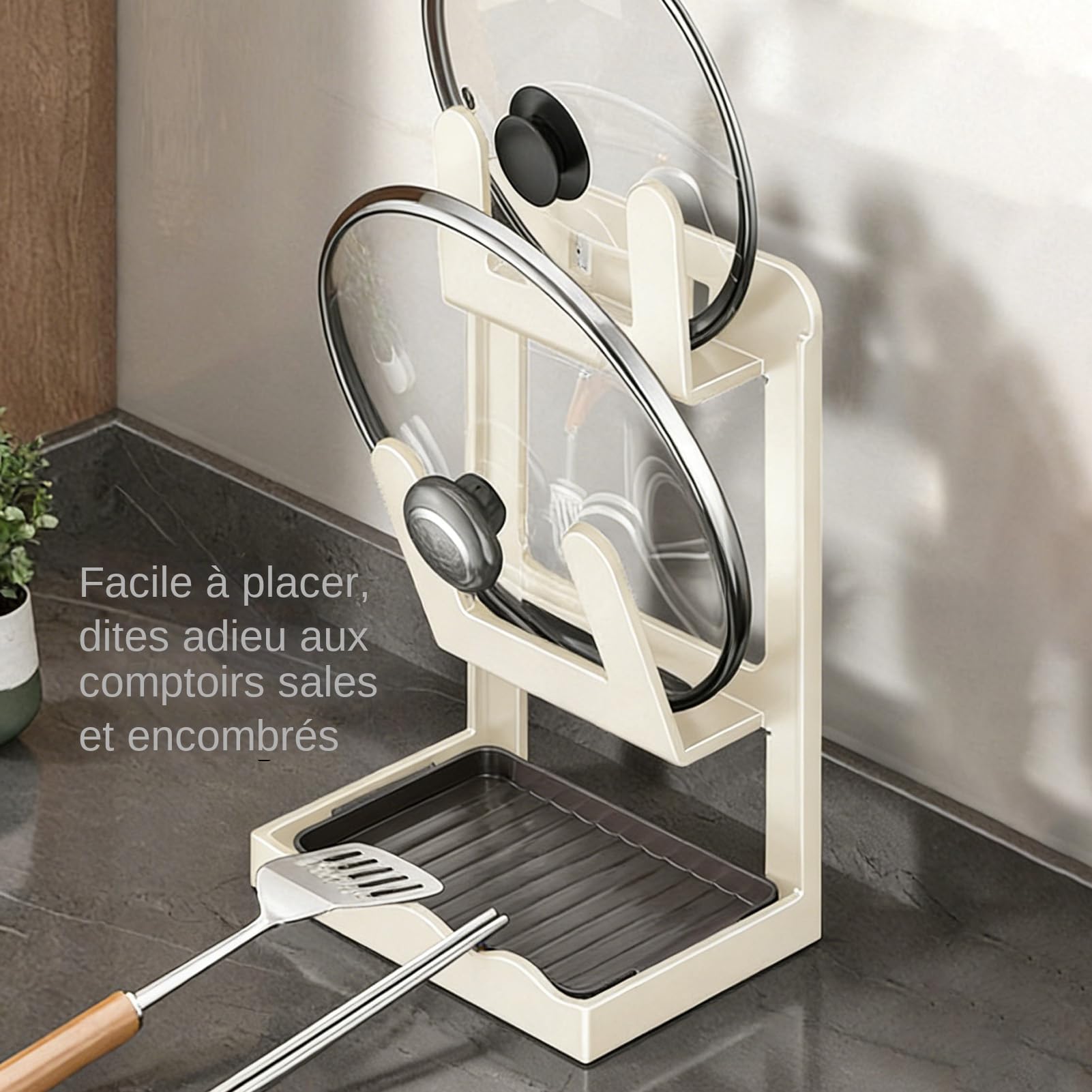 Soporte vertical para tapas de almacenamiento para el hogar, para ollas y sartenes, con bandeja de drenaje, estante de almacenamiento antideslizante, para armarios de cocina, comedores, despensa, plan