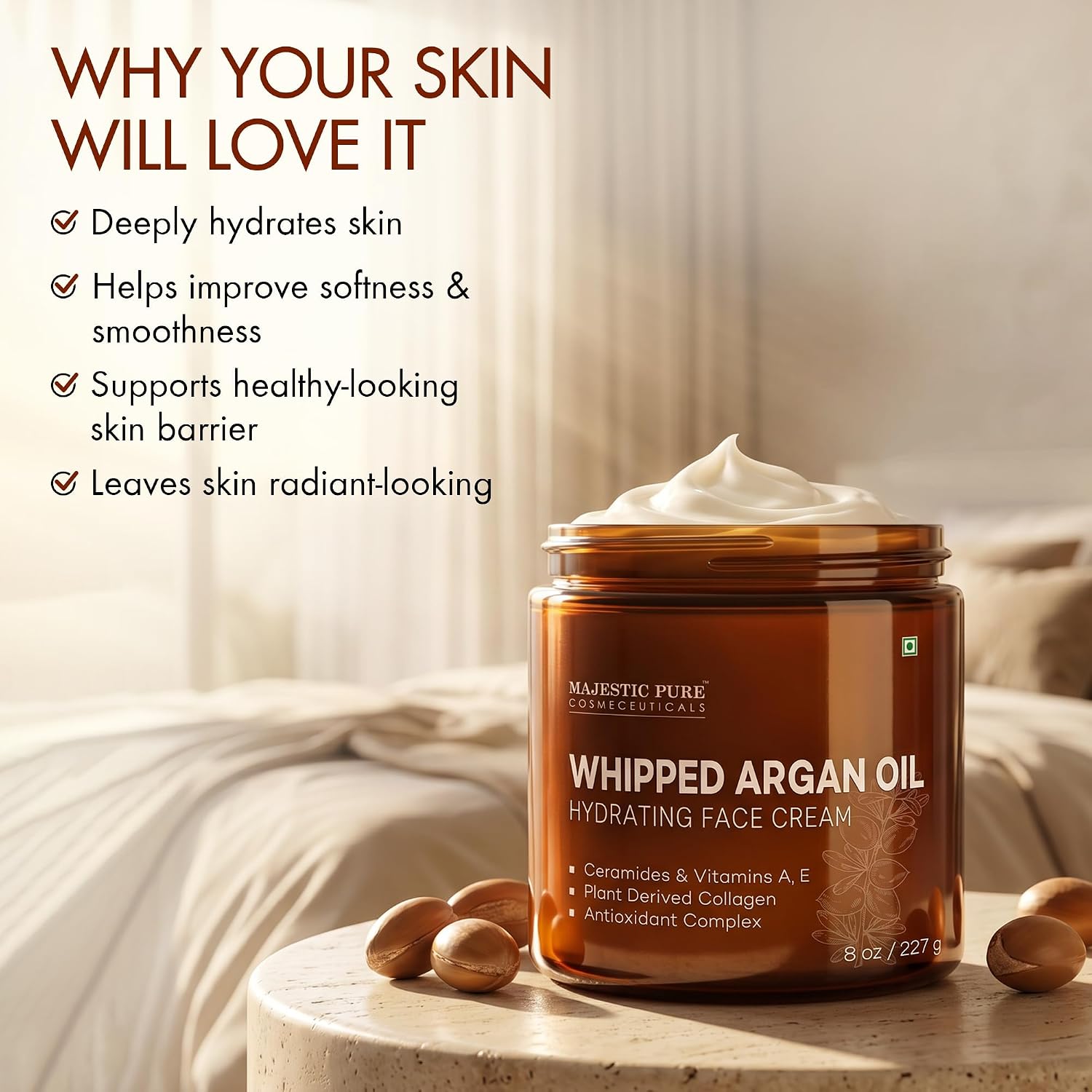 MAJESTIC PURE Whipped Argan Oil Body Butter for Women & Men - With Ceramides, Vitamin E & A & Vegan Collagen - For Skin, Face, & Appearance of Wrinkles & Fine Lines - 8oz