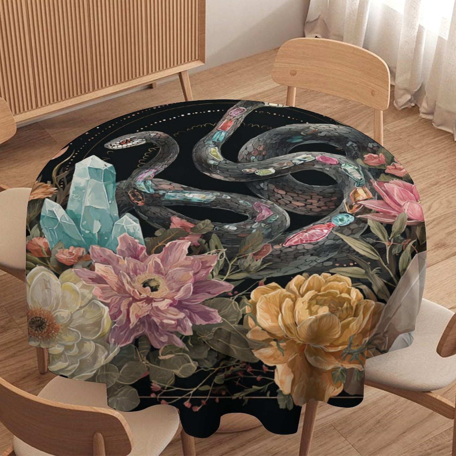 LUYYSKY Retro Classic Boho Snake Waterproof Round Tablecloth Modern Vintage Moon Phase Plant Flowers Animal Snake Print Washable Table Cover for Kitchen-127 Wx127 L cm