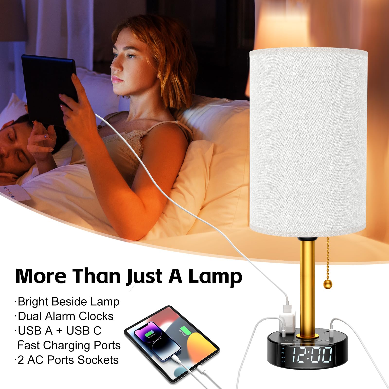 Lampada da comodino per camera da letto, lampada da tavolo con porte USB A e USB C di ricarica rapida e 2 prese di alimentazione CA, base sveglia, paralume rotondo in tessuto nero, lampada da comodino
