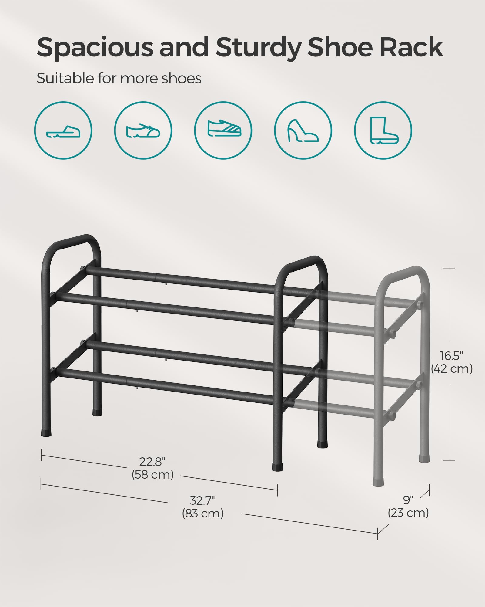 SONGMICS Expandable Shoe Rack, 2-Tier Steel Shoe Shelf | Adjustable Free Standin