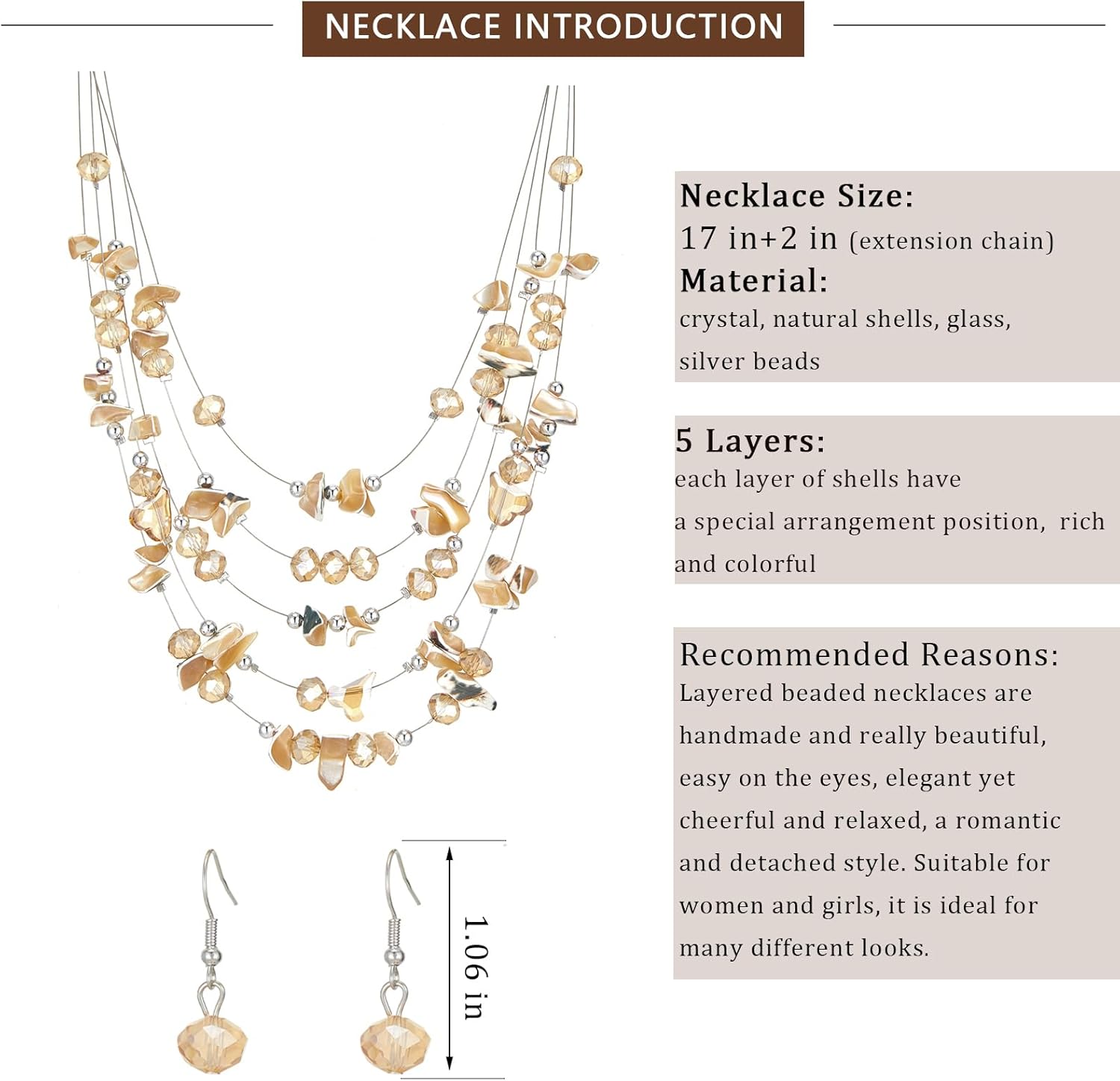 Multi-Layer Boho Shell Beaded Necklace for Women Colorful Crystal Strand with Silver Beads Statement Collars Necklace and Earrings Costumes Jewelry Sets for Women - Image 5