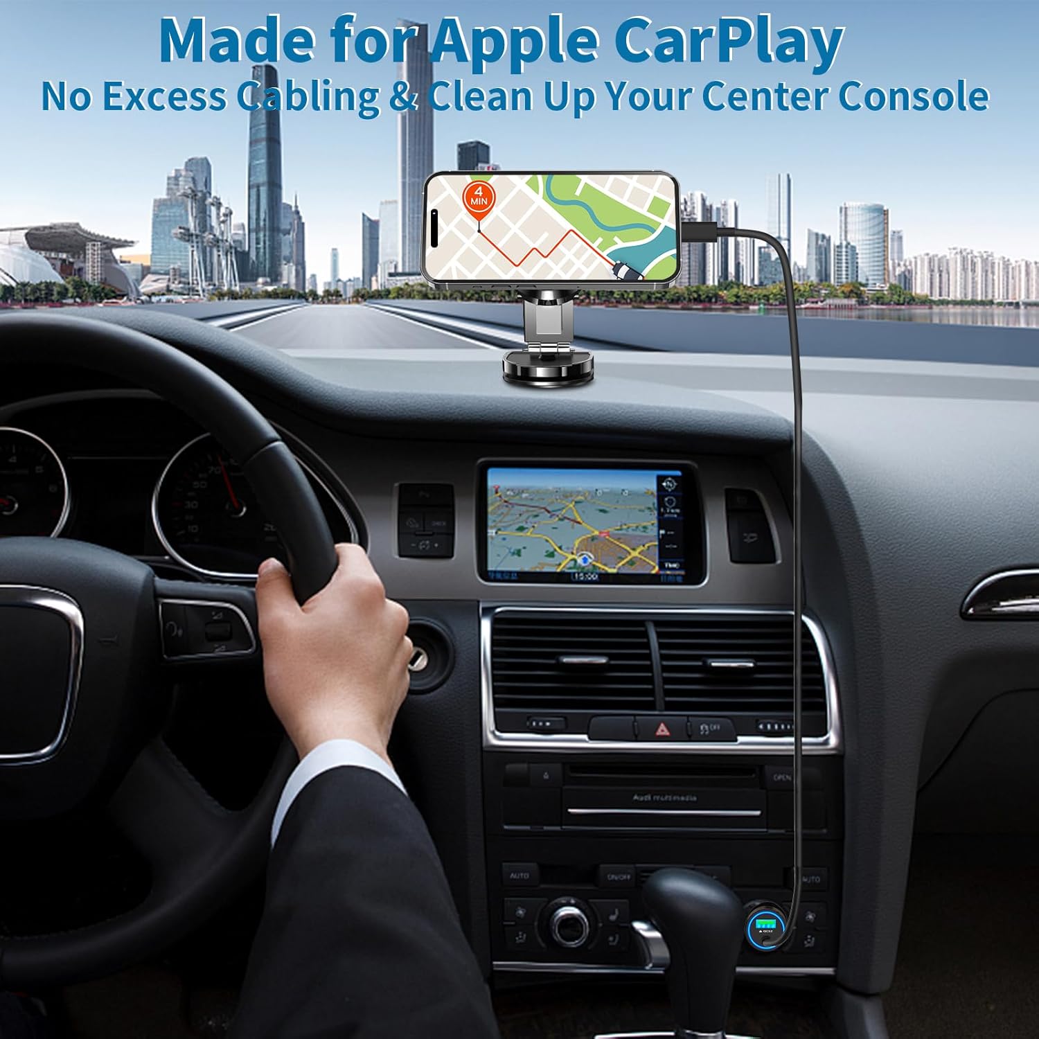 iPhone connected to Linocell car charger in a car, displaying Apple CarPlay navigation