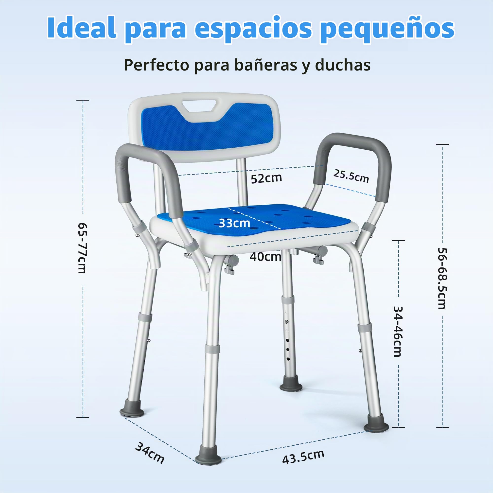 Silla Ducha Personas Mayores con Respaldo y Reposabrazos Taburete de Baño Antideslizante con Altura Ajustable de 6 Niveles Asiento de Ducha Regulable para Ancianos y Discapacitados