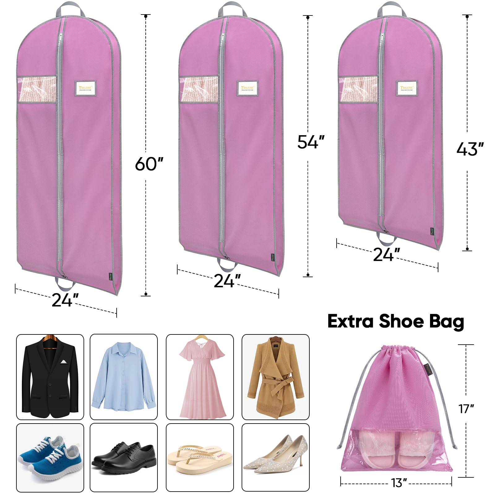 BALEINE Robuster Kleidersack mit Schuhaufbewahrung, Reisetasche für Kleider, Anzüge, Mäntel, Reiseutensilien, 109,2 cm, Rosa, 2 Stück