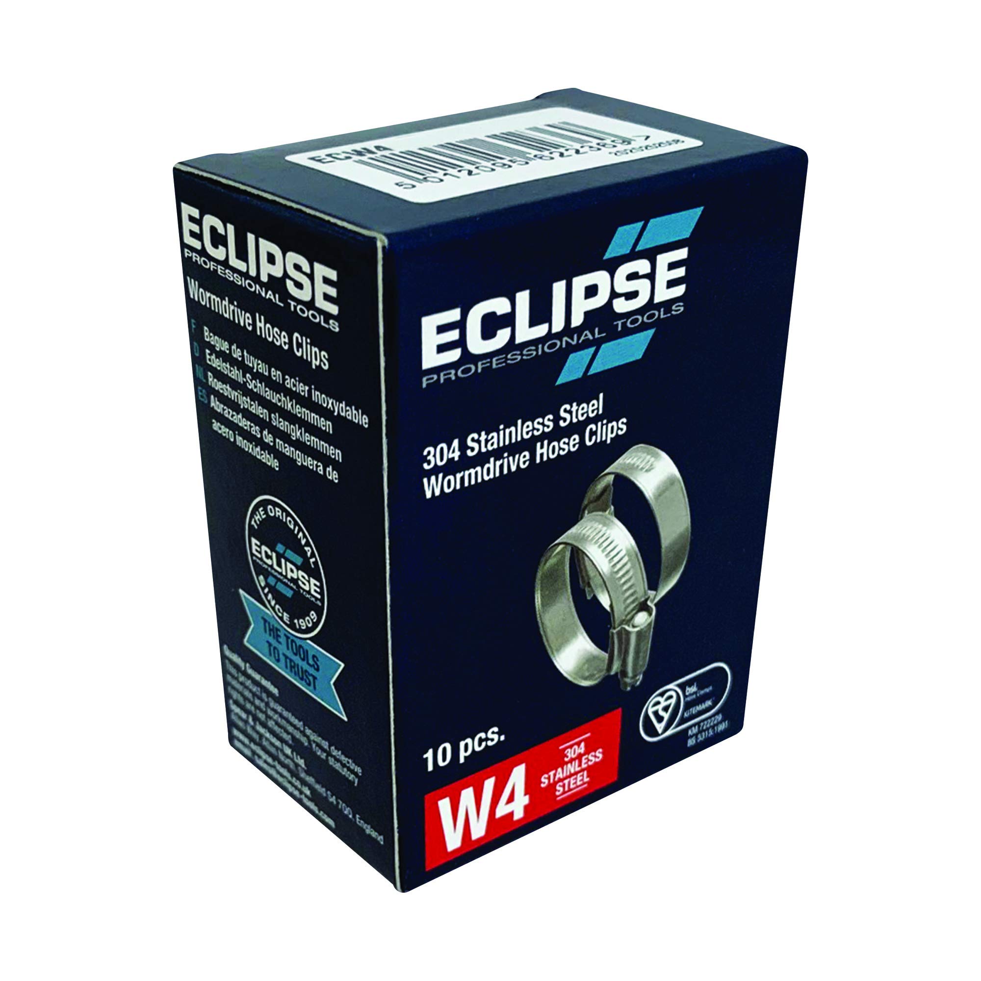 Eclipse Professional Tools ECW4-O W4 Box of 10 16-22mm (⅝" - ⅞") 304 Stainless Steel Worm Gear Hose Clamps