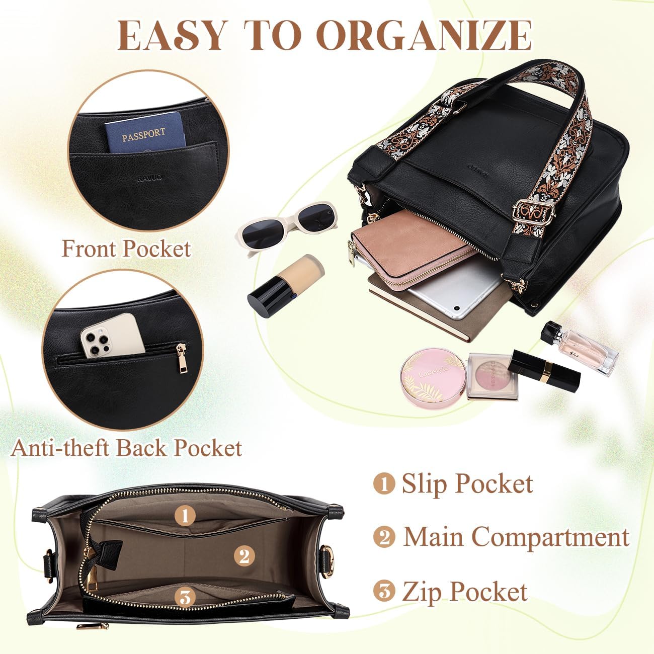 RAVUO Crossbody Bags for Women, Vegan Leather Shoulder Purse Fashion Hobo Handbags with 2 Adjustable Straps - Image 4