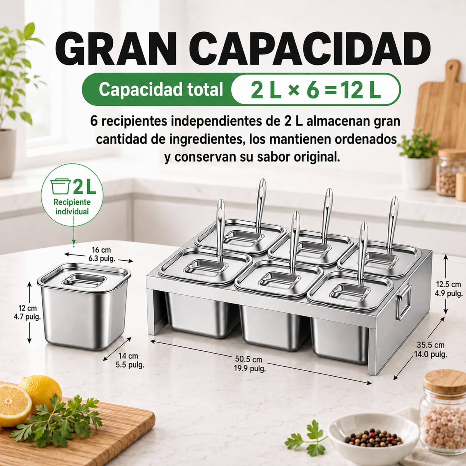 Recipientes de Acero Inoxidable para Alimentos 6 x 2L con Tapa y Cuchara – Estación de Acero Inoxidable para Añadir Ingredientes a la Pizza, BBQ, Salsas y Verduras – Bandeja GN para Cocina Restaurante