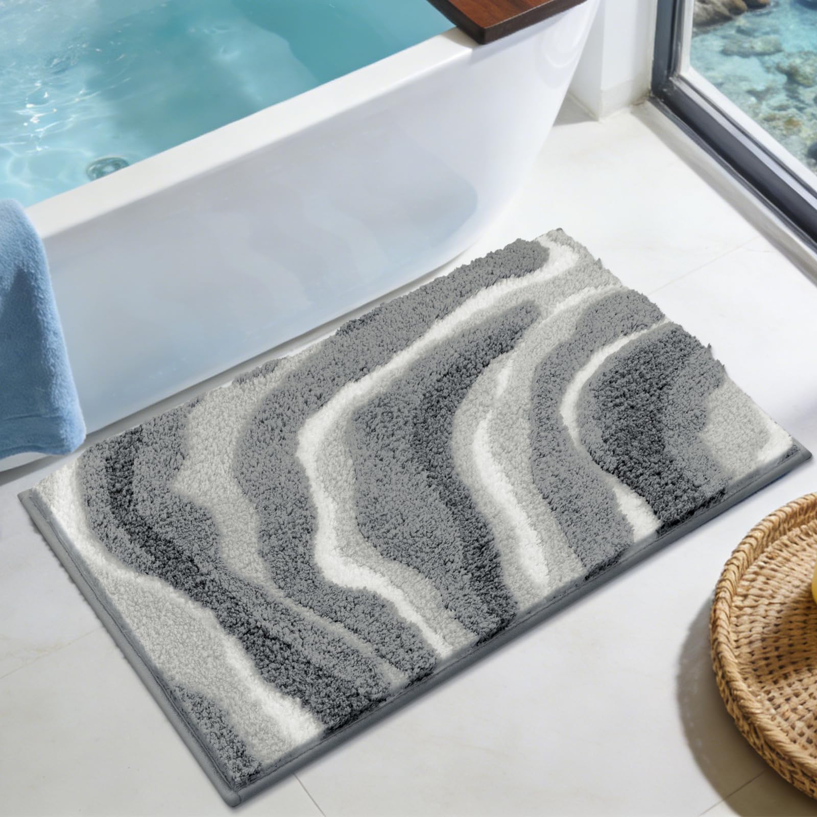 Enyhom Grande Tapis Salle de Bain Antidérapant 80 x 120 cm, Tapis de Salle de Bain Gris en Microfibre Super Absorbant, Extra Doux Epais et Lavable en Machine, Tapis Douche pour Baignoire, Salon
