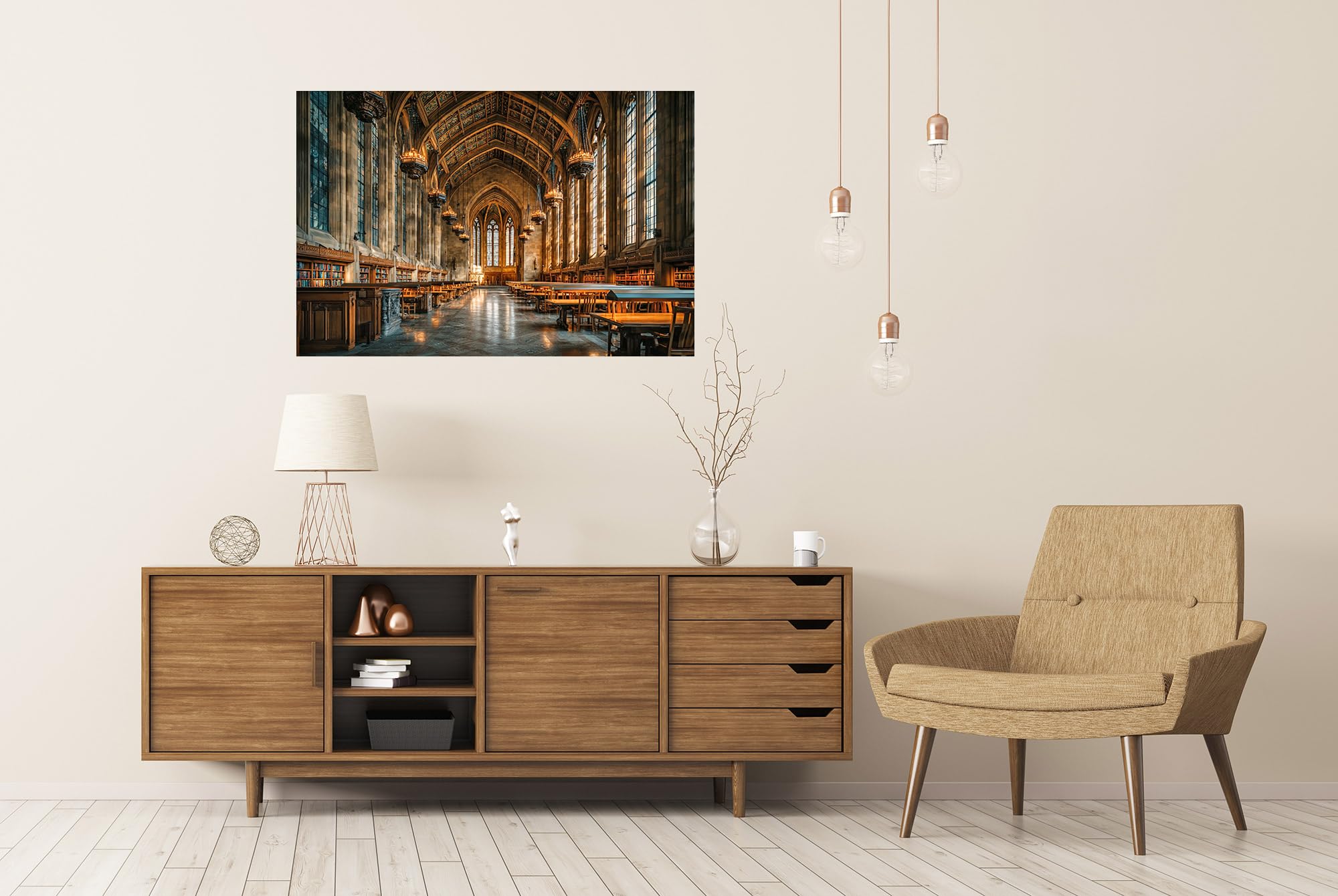 islandburner Poster de qualité supérieure - Magnifique intérieur de bibliothèque avec lumière chaude et détails historiques - Grand format