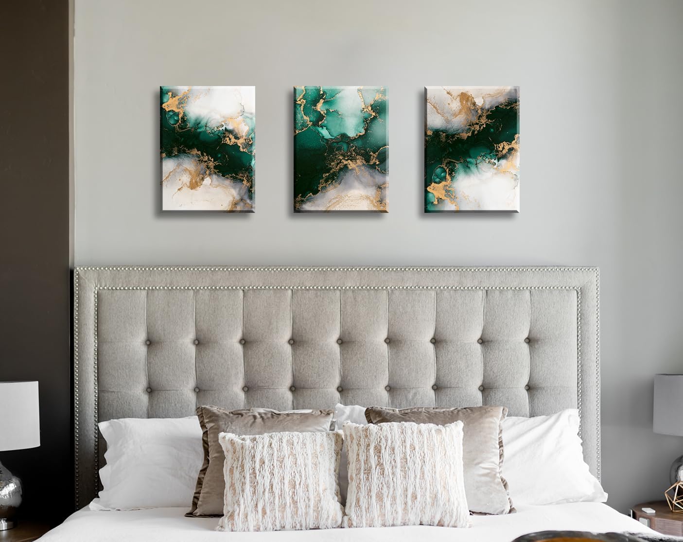 JiazuGo 3Pcs Framed Wall Art Emerald Green and Gold, Modern Abstract Canvas Painting with Marble Texture for Living Room, Bedroom, Bathroom & Office Decor, Ready to Hang
