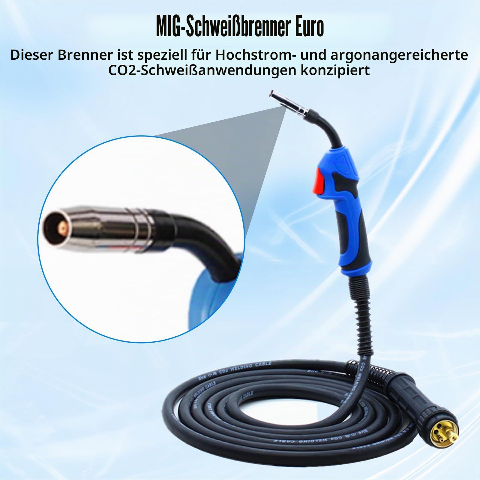 MIG MAG Schutzgas Schlauchpaket MB15 AK – 4m Gasgekühlte Schweißbrenner mit Euro-Zentralanschluss und 27-teiligem Verschleißteile-Set für einfachen Betrieb und Wartung, für CO² Schweißgeräte