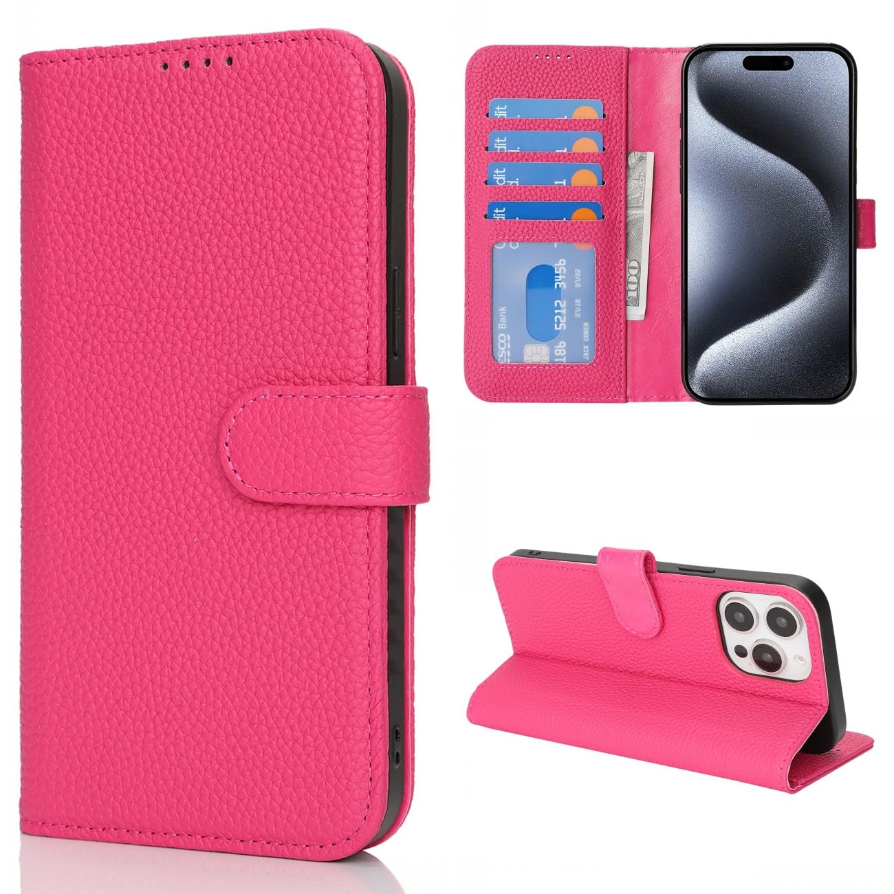 Coque iPhone 15 Pro en cuir véritable rouge rosé, étui flip luxe anti-RFID - 8