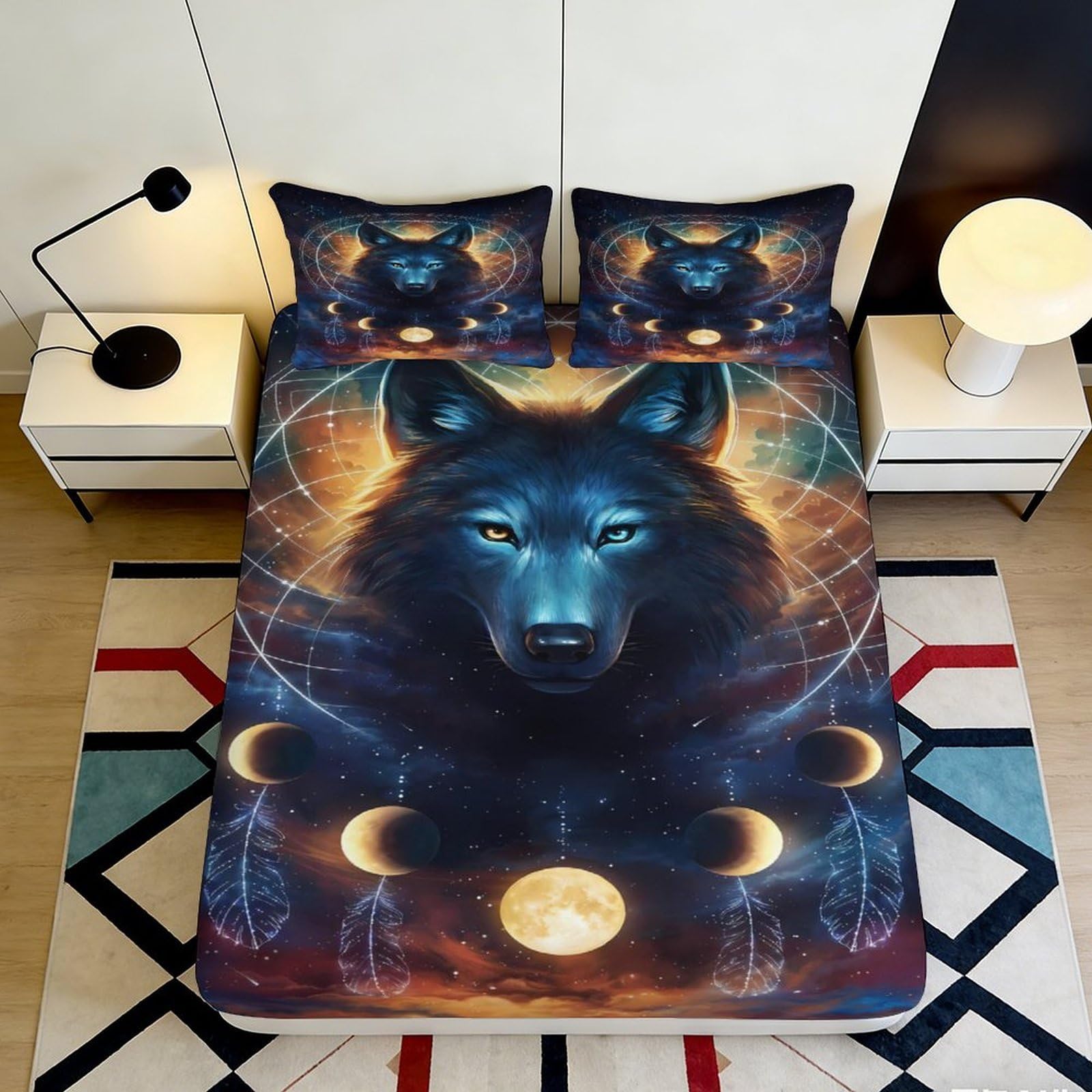 3D Printed Mystic Wolf Fitted Sheet Microfiber 3D Printed Moon Phases Bed Cover Breathable Durable for Bedroom Dormitory Guest Room 180x200x25cm