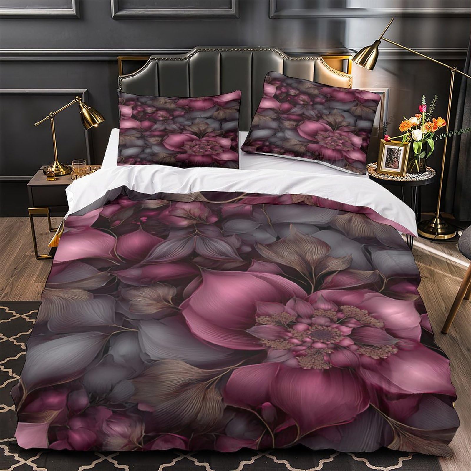 Housse de couette design floral violet profond 3D en microfibre premium King