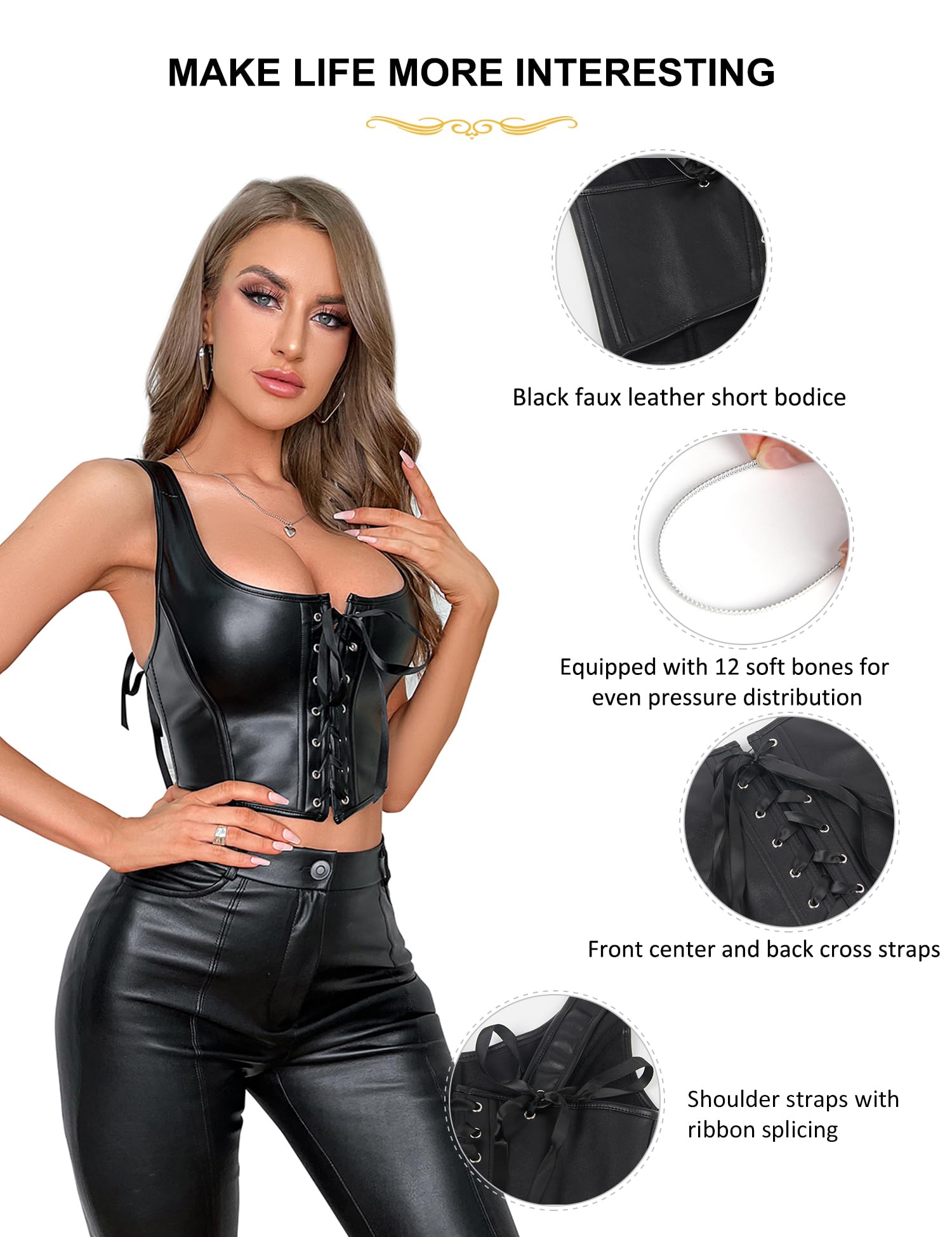Corset Top da donna in pelle PU, sexy, corsetto nero, look bagnato, corpetto di grandi dimensioni, parte superiore senza schiena, lacci, senza pancia, per feste, Halloween, costume con