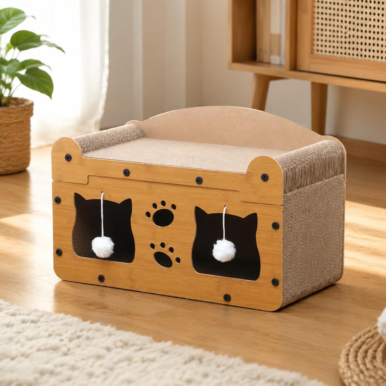 Kratzbaum Kratzfläche Katzenbett Spielzeug Wellpappe Stoff Funktion für Katzen Haustierbereich Wohnung Büro, Doppelschicht mit Doppeltür, 51 x 27 x 30 cm