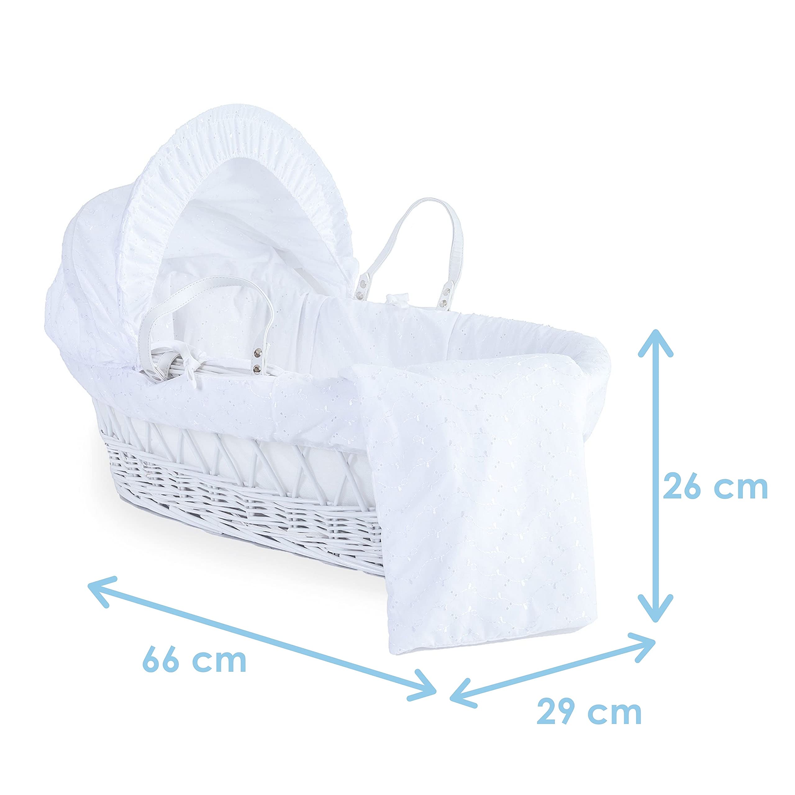 Clair de Lune Broderie Anglaise - Moisés de mimbre con falda, incluye capucha, forro acolchado, colcha, asas, colchón hipoalergénico | estilo tradicional bordado de tela hecho con amor en el Reino
