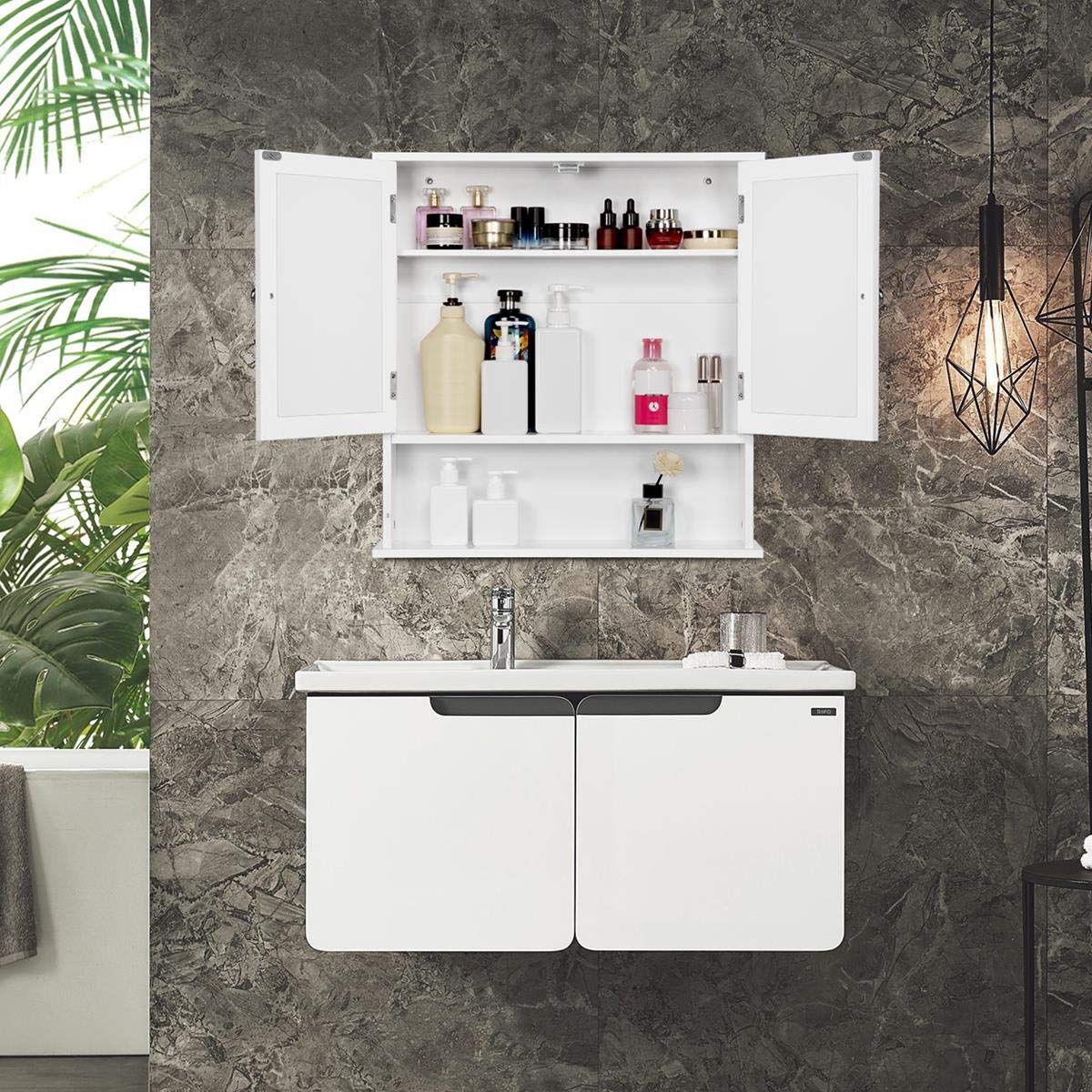 Yaheetech Armario de Pared con Espejo 56x13x58 cm para Baño con 3 Niveles Gabinete Colgador para Cocina Salón Madera Armario Suspendido de Almacenaje