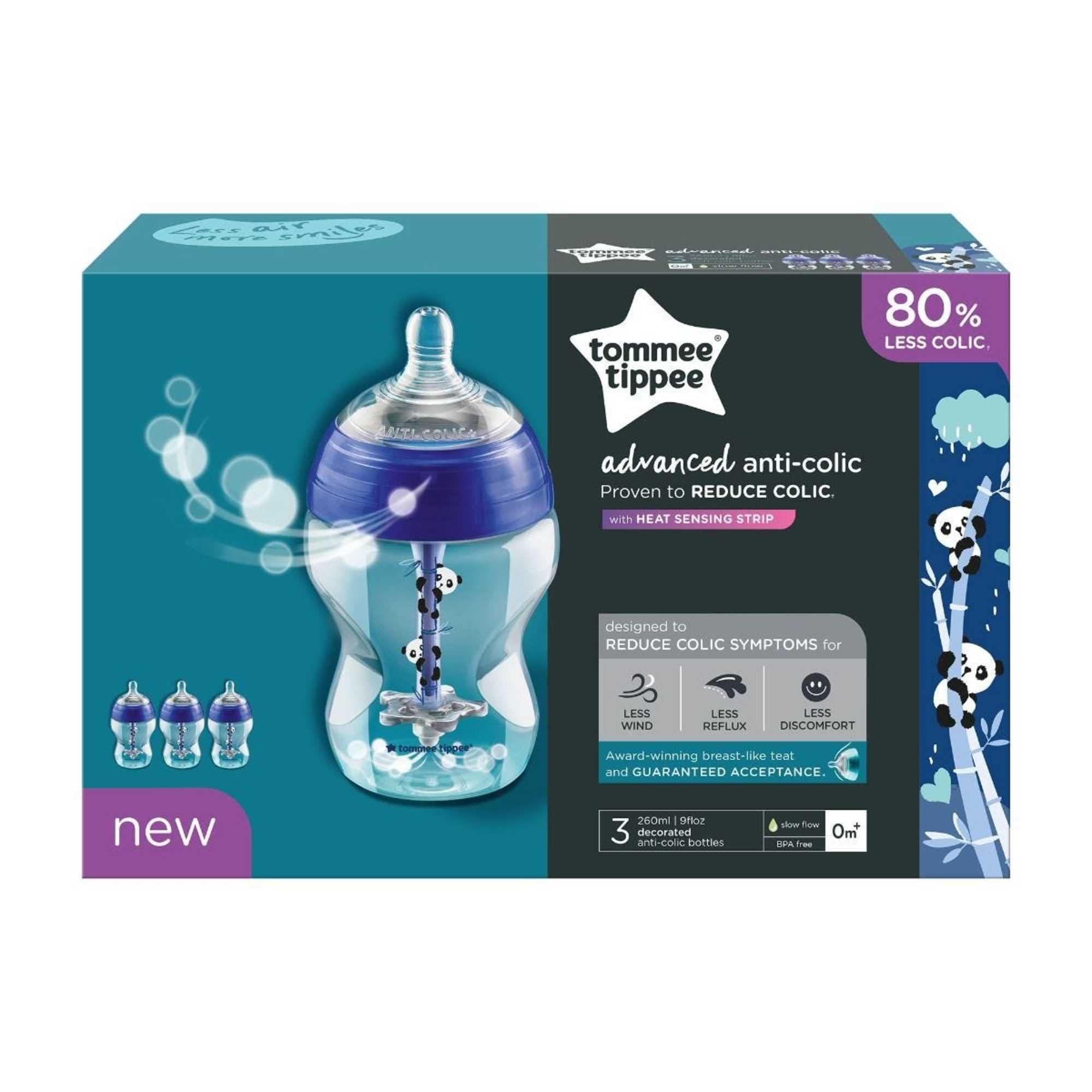 Tommee Tippee Advanced Anti-Colic Baby Bottle, Breast-Like Teat and Heat Sensing Technology, 260ml, Pack of 3, Blue