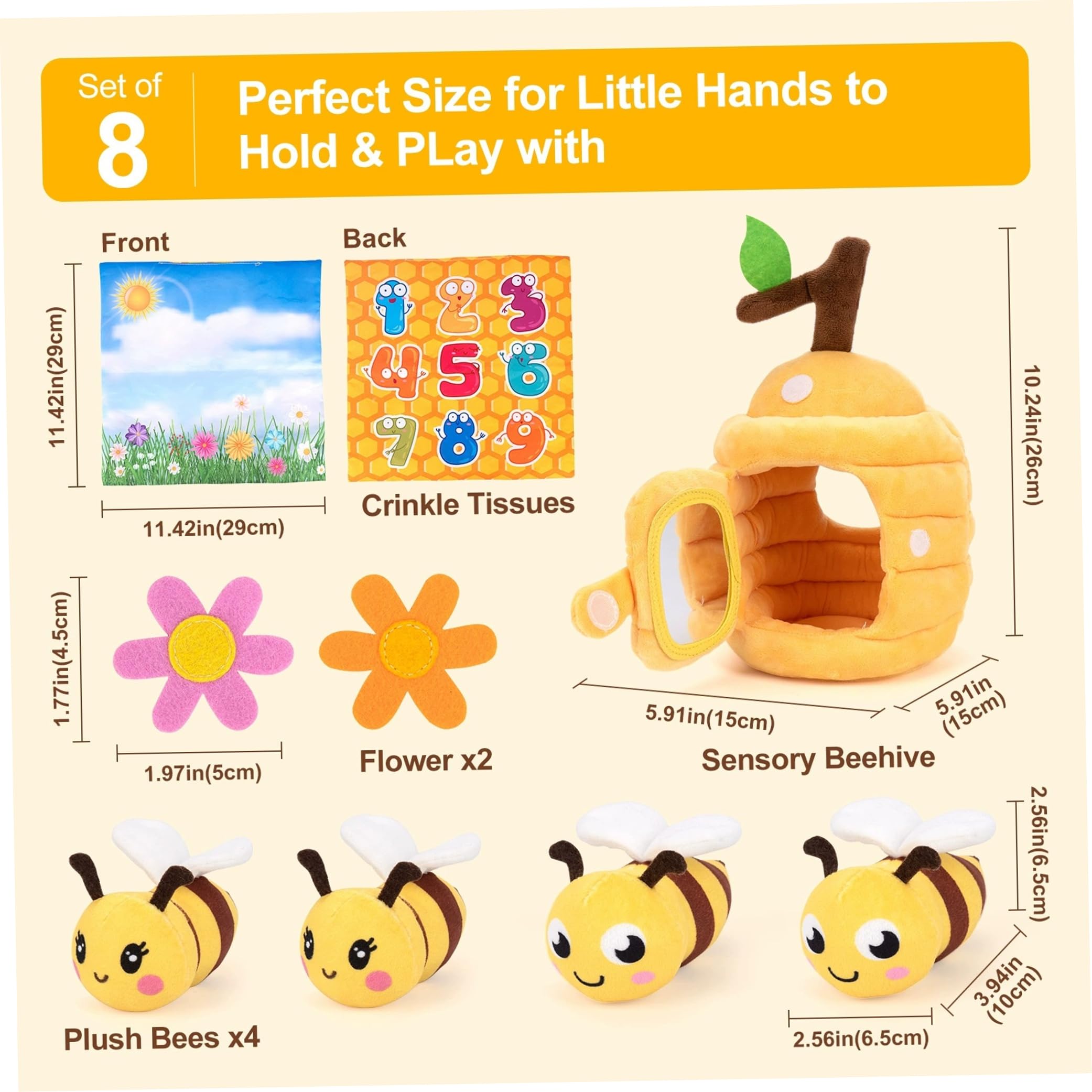 Giocattolo per, Set di Giocattoli per da 5 Pezzi, Giocattoli sensoriali Montessori per Bambini con fienile, sonaglio e Specchio, per Bambini per 1 Anno, Giallo