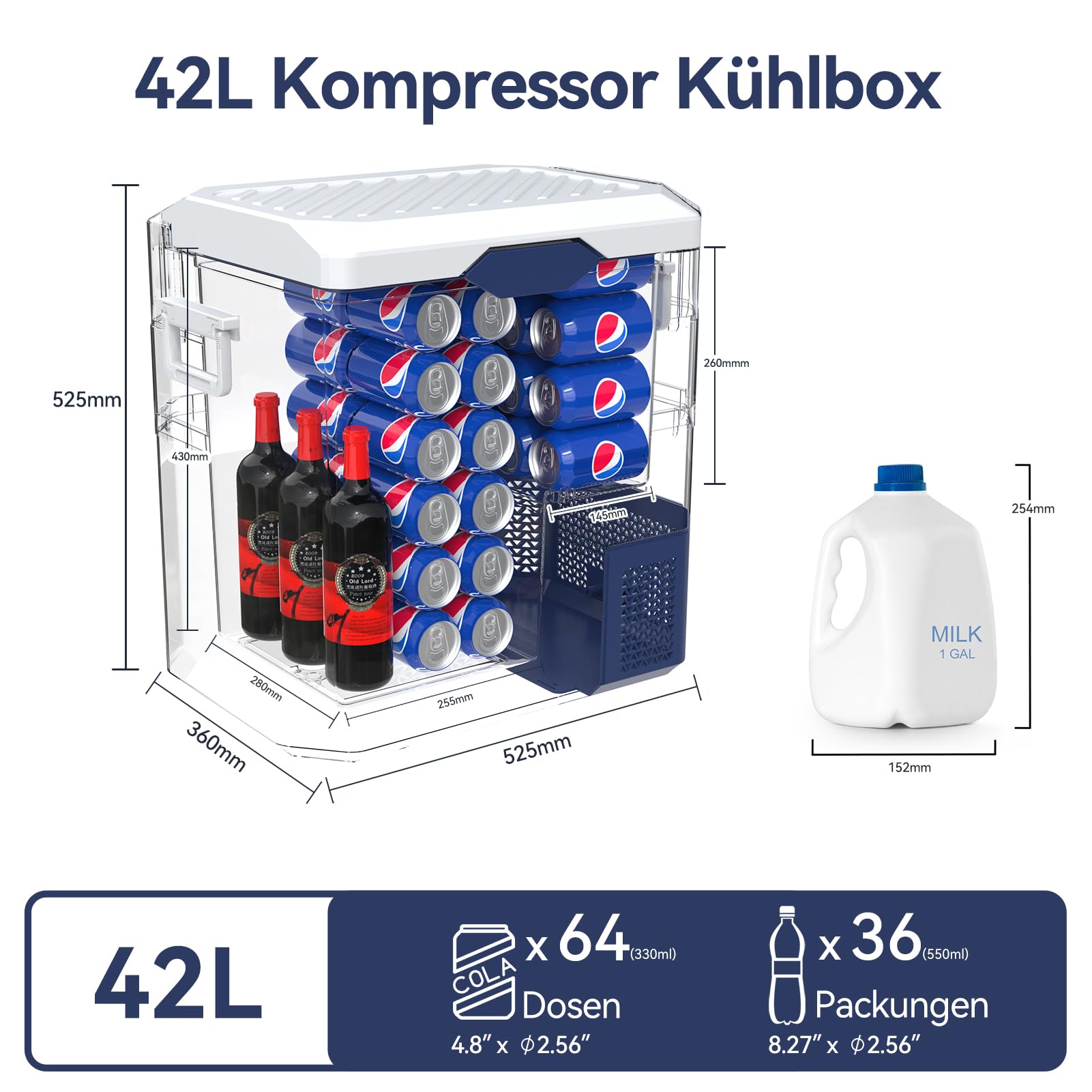BINGI Kompressor Kühlbox 42L Tragbarer Auto-Kühlschrank 12/24V DC und 230V AC Mini Gefrierschrank für Auto, LKW, Camping, Wohnmobil und Zuhause (15℃ bis -18℃)