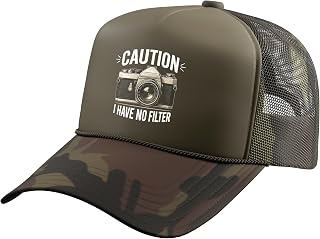 Caution I Have No Filter Retro Vintage Camera Sarcastic Trucker Hat with Adjustable Mesh Back