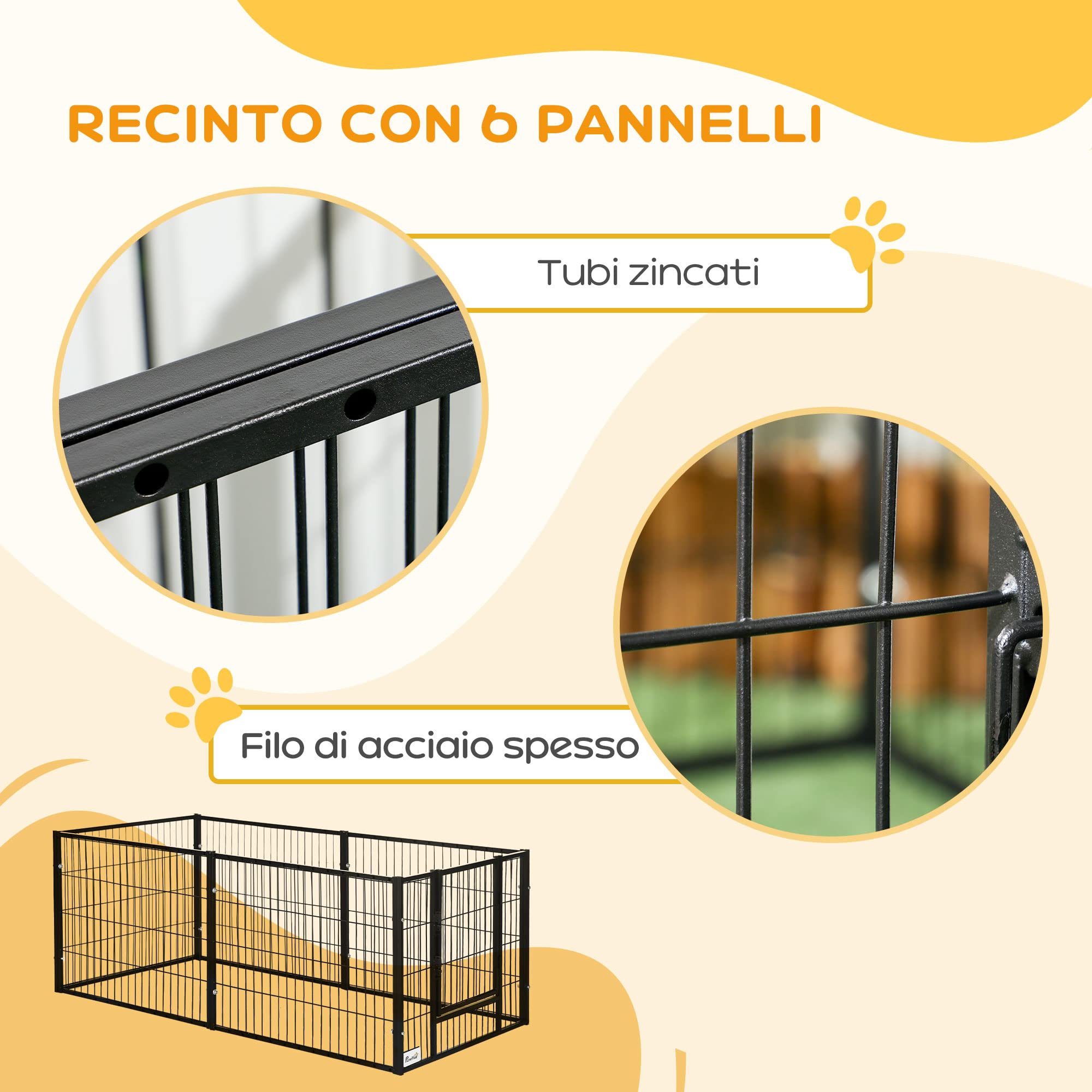 PawHut Recinto per Animali con 6 pannelli per Esterni e Interni, Lunghezza regolabile 82.5-150x79x61cm, Metallo