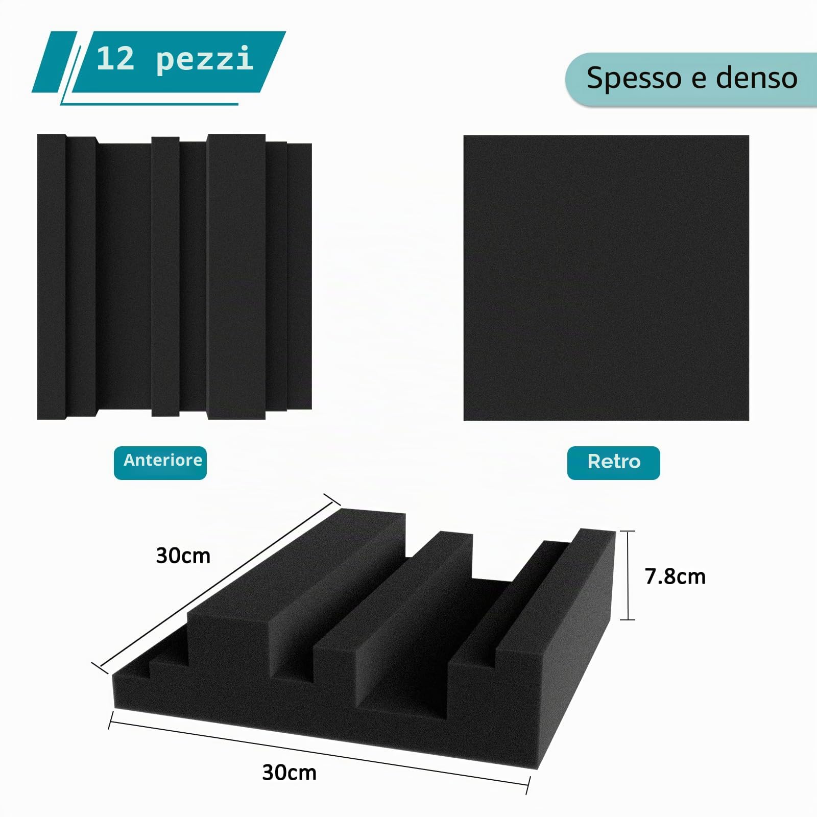 BXI Pannelli acustici in schiuma ispessiti, 30,5 x 30,5 x 7,6 cm, con motivo a diffusione, 12 diffusori in schiuma fonoassorbenti, insonorizzanti, 3D, per studio di registrazione, casa, ufficio