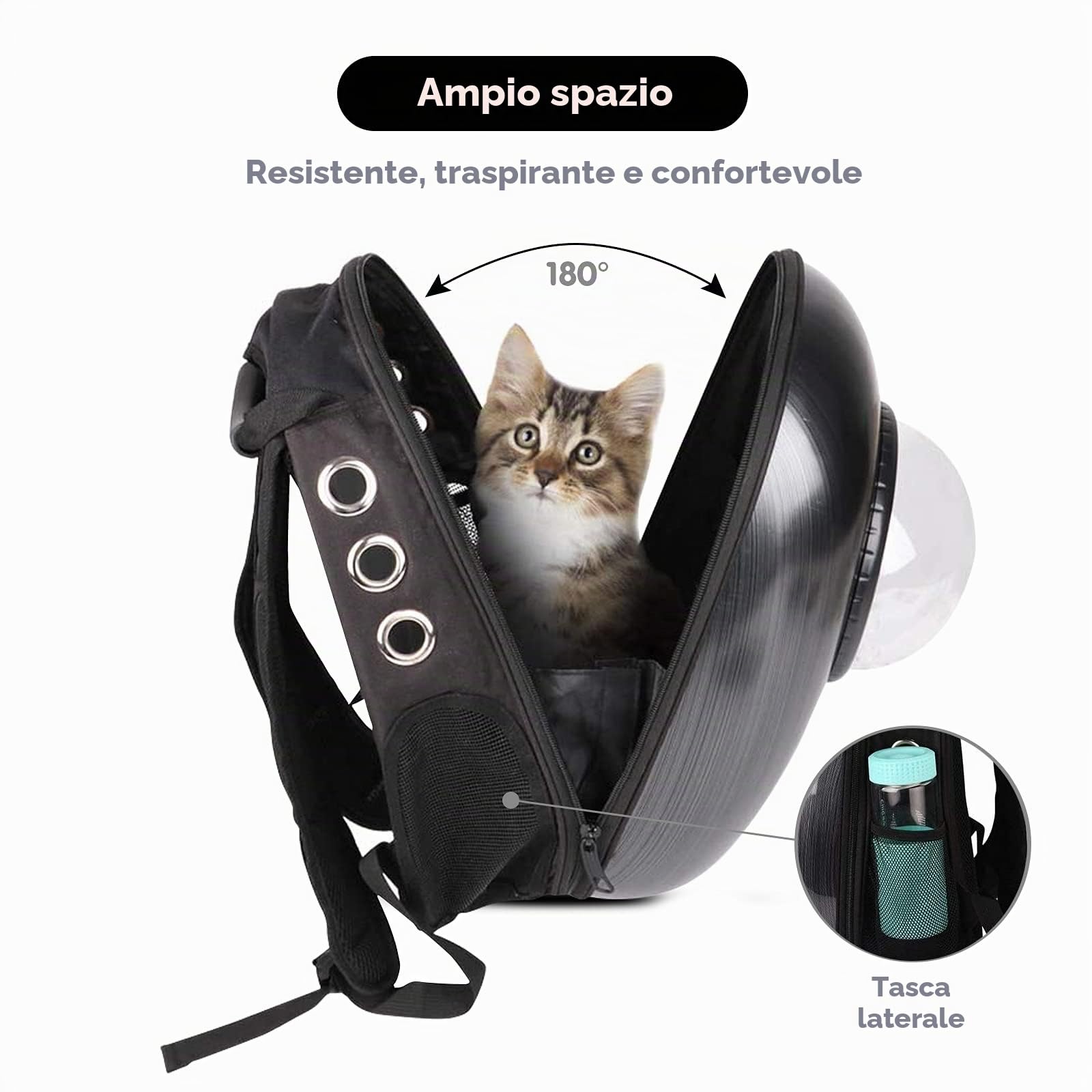 PETCUTE Zaino Gatto Cane 7.5kg,Traspirante,Zaino per Cani Gatti a Bolla con Tappetino Rimovibile e Tasca Laterale,Approvato dalle Compagnie Aeree,Borsa per Passeggiata Escursione