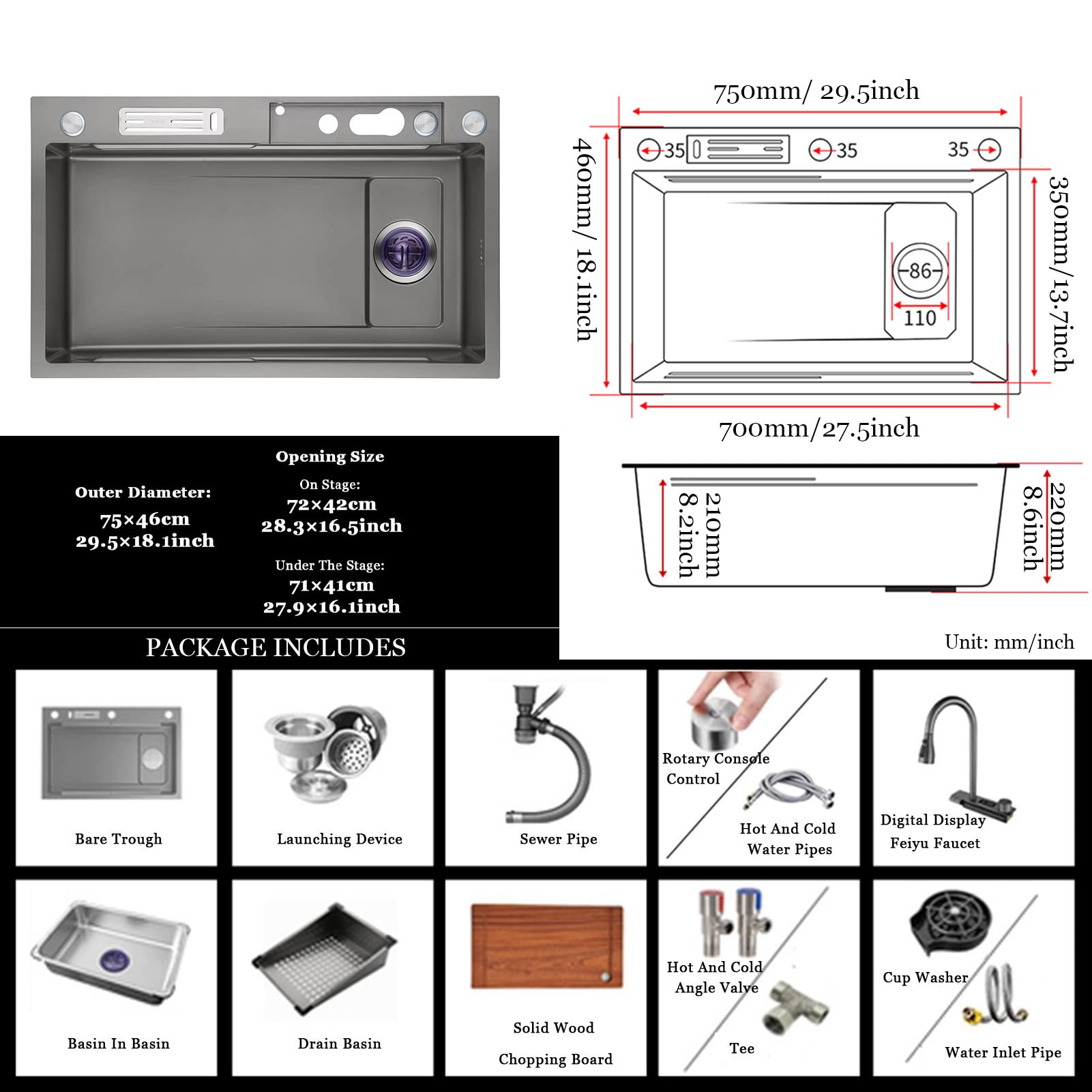 Lavello da Cucina A Una Vasca 304 in Acciaio Inox, Lavello A Cascata Dell'intelligenza, Lavello della Postazione di Lavoro della Cucina con Rubinetto Estraibile (Color : Gris, S : 75x46cm)