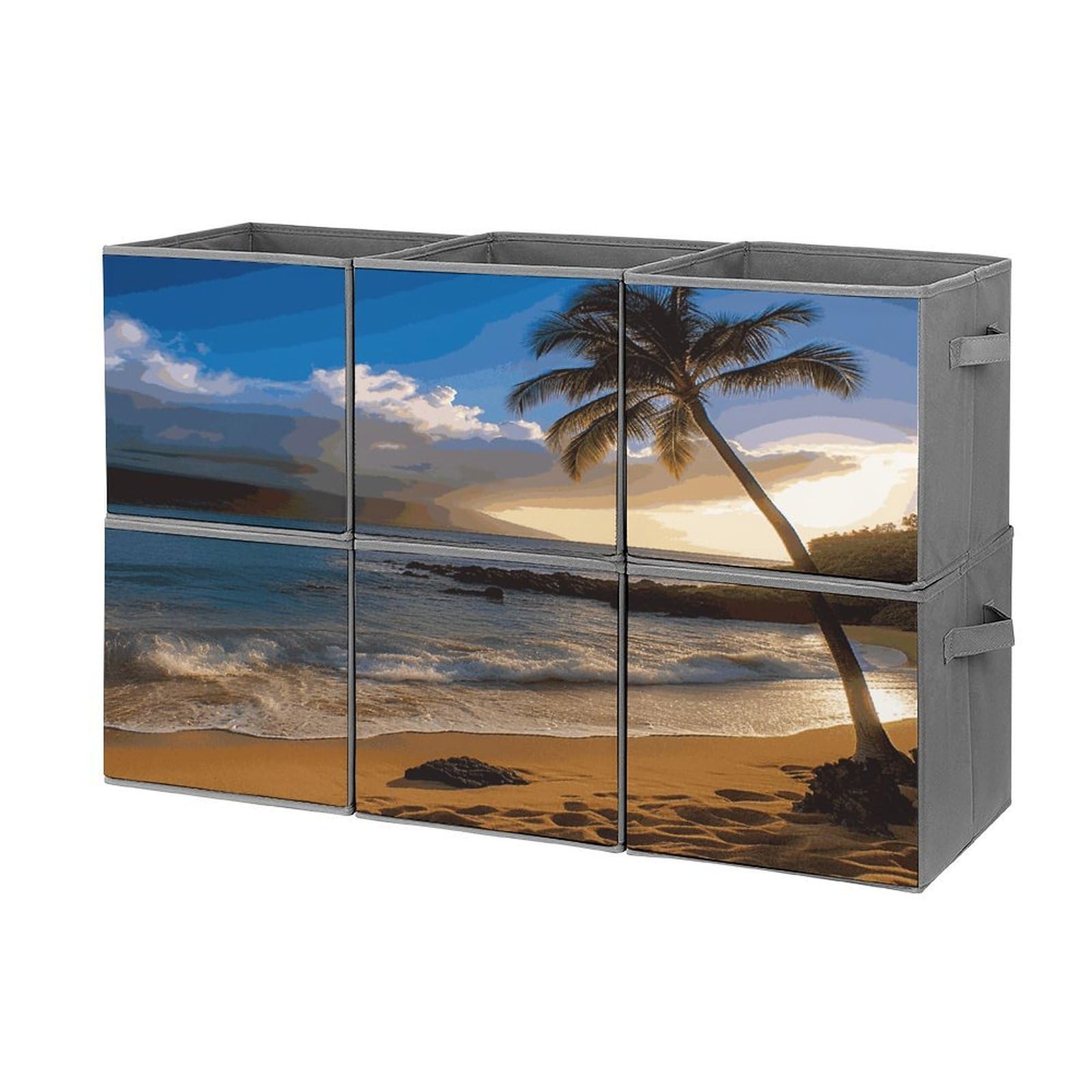 Btcowzrv Style Hawaii Beach Storage Cubes, 6 Pack Oxford Fabric Foldable Collapsible Bins With Handles, Cubby Storage Baskets Boxes For Closet Shelves Office Organization