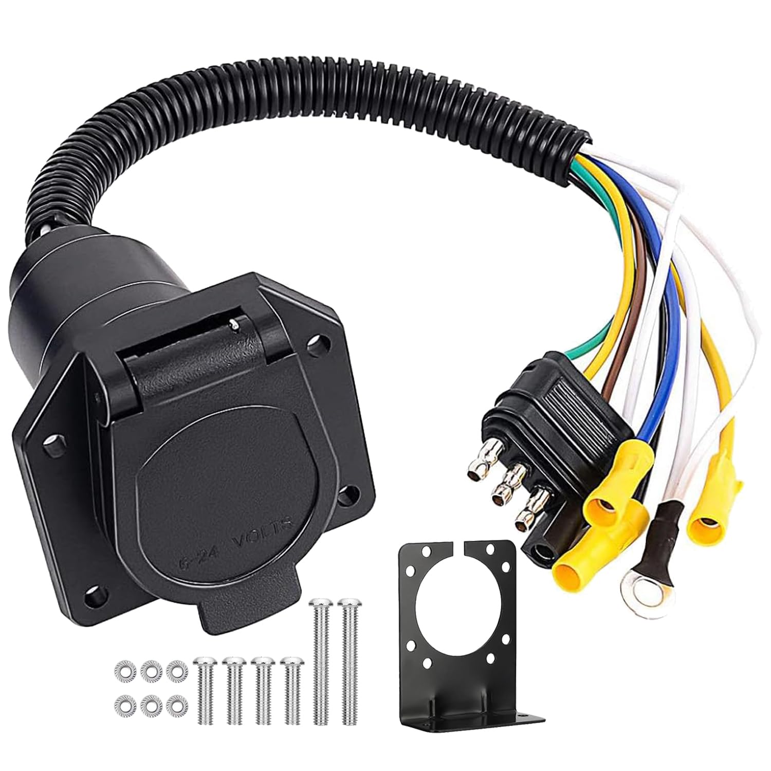 CXTM 4 Pin to 7 Pin Adapter, 4 Flat to 7-Way Round RV Blade Trailer Adapter Reverse Plug with Mounting Bracket, 2 Years Warranty