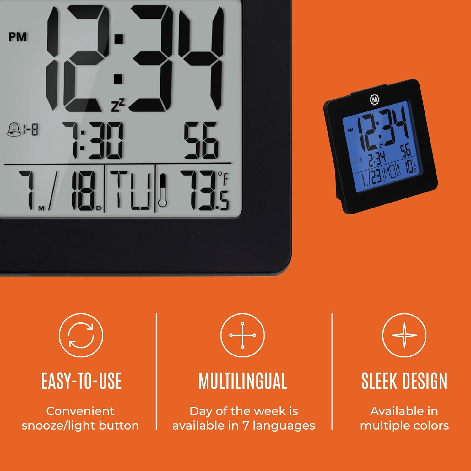 Marathon Digital Desktop Clock CL030050BK with labels for Easy-to-Use, Multilingual, and Sleek Design features.