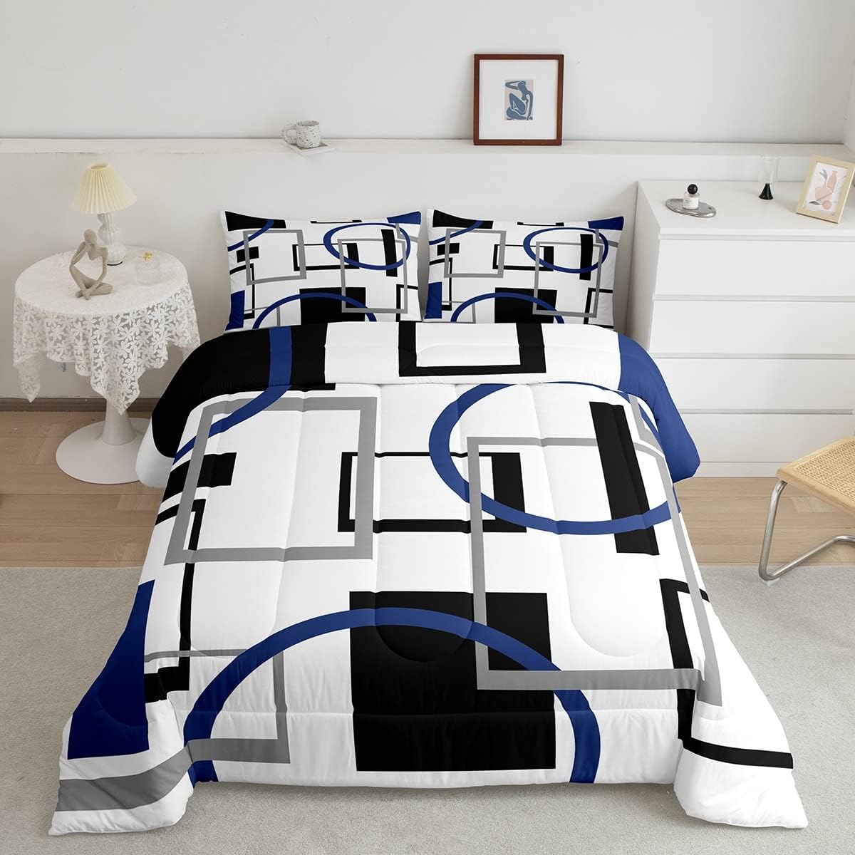 Feelyou Geometric Plaid Comforter Set Queen Size Kids Blue