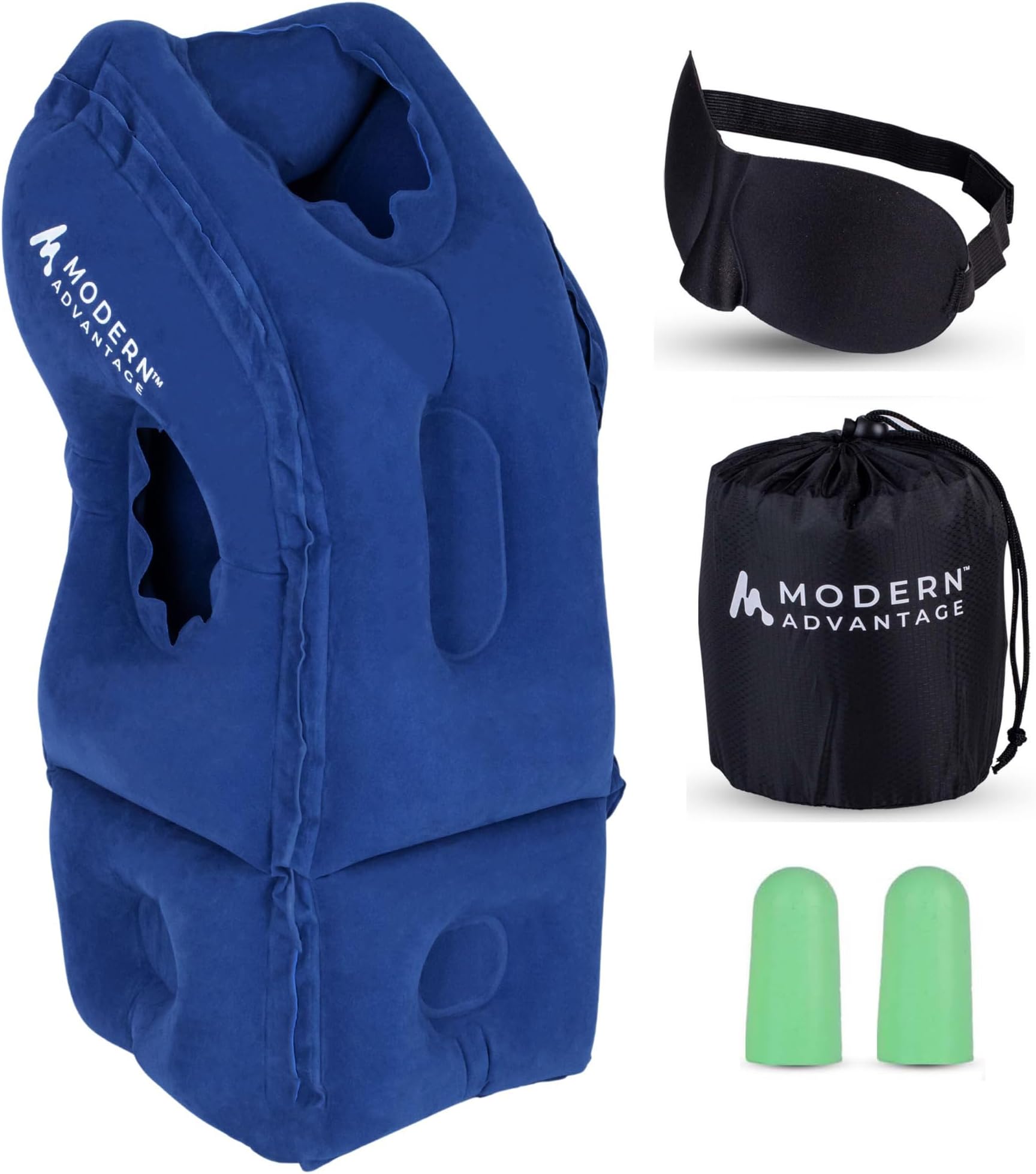 Modern Advantage 2023 Latest Inflatable Travel Pillow: Ergonomic Flight Pillow for Tall People, Neck, Chin, Head Support - Adjustable Headrest Pillow for Airplane Sleeping (Blue)