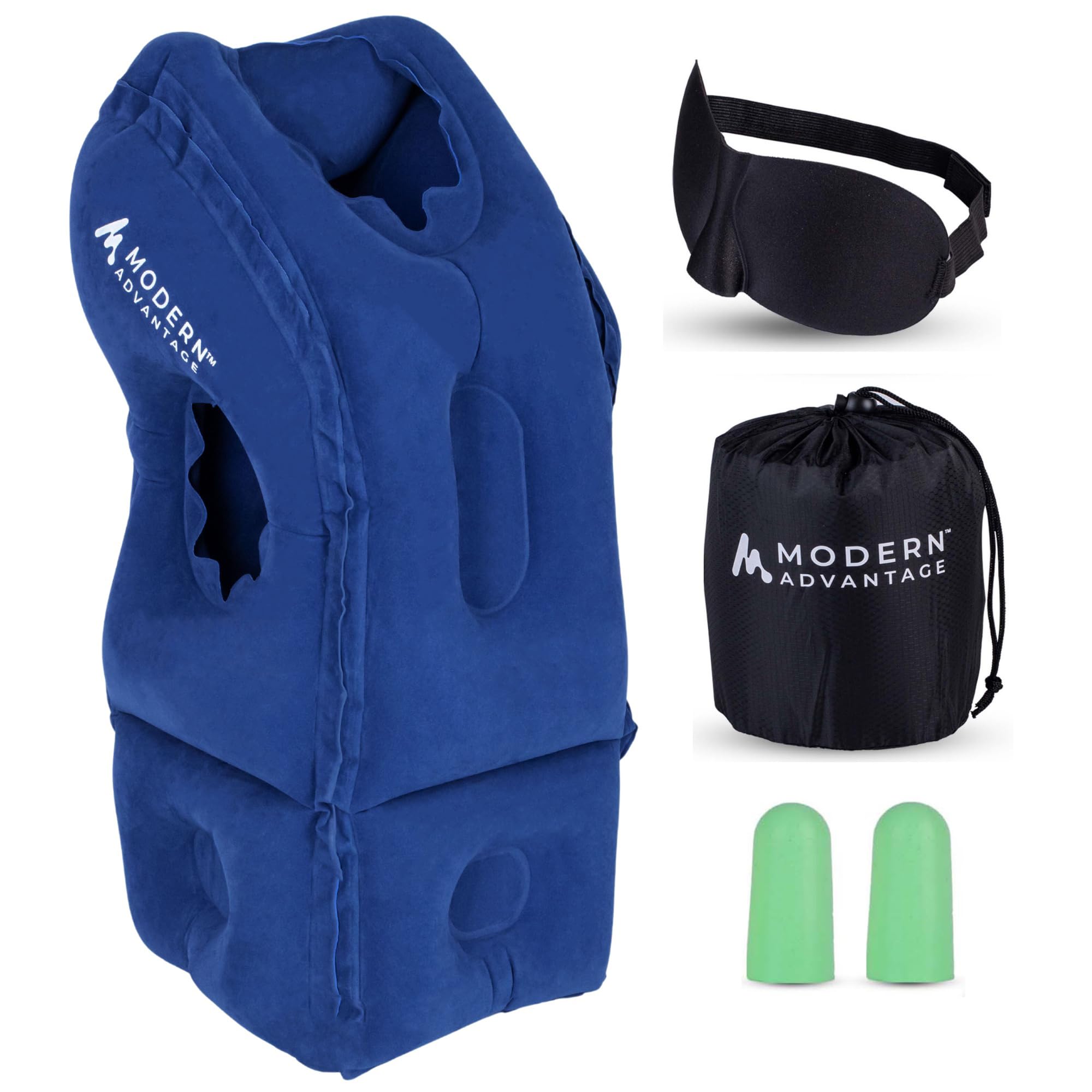 Modern Advantage 2023 Latest Inflatable Travel Pillow: Ergonomic Flight Pillow for Tall People, Neck, Chin, Head Support - Adjustable Headrest Pillow for Airplane Sleeping (Blue)