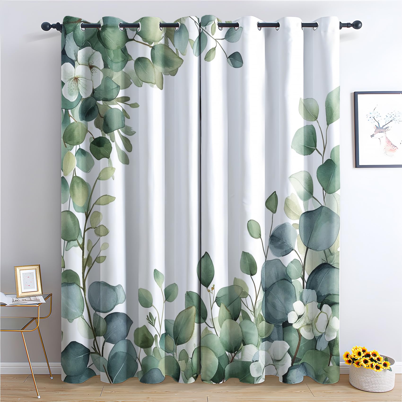 Zcwl Multicoloured Eucalyptus Curtains For Bedroom Living Room, Green Leaf Patterned Blackout Curtains, Thermal Insulated Eyelet Curtain, 90 Drop Window Treatments Drapes, 90X90 Inch (W X L), 2 Panels