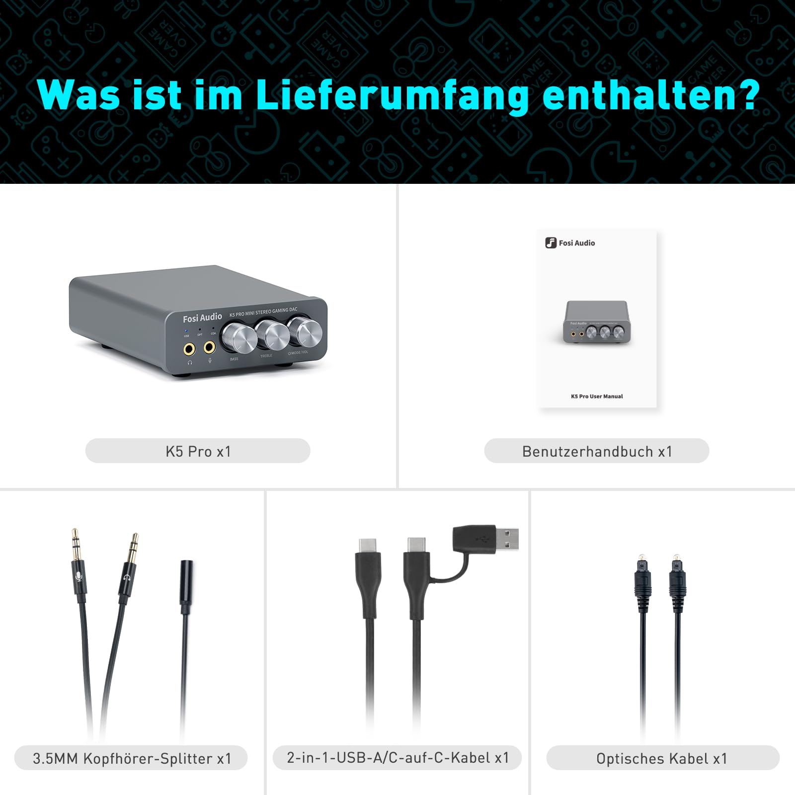 Fosi Audio K5 Pro Kopfhörerverstärker, USB C DAC Verstärker Kopfhörer HiFi, USB/Optisch/Koaxial/Mikrofon Eingänge auf 3,5 mm AUX/RCA Ausgang, Gaming DAC AMP Hi-Res für PS5/ PC/MAC/Aktive Lautsprecher