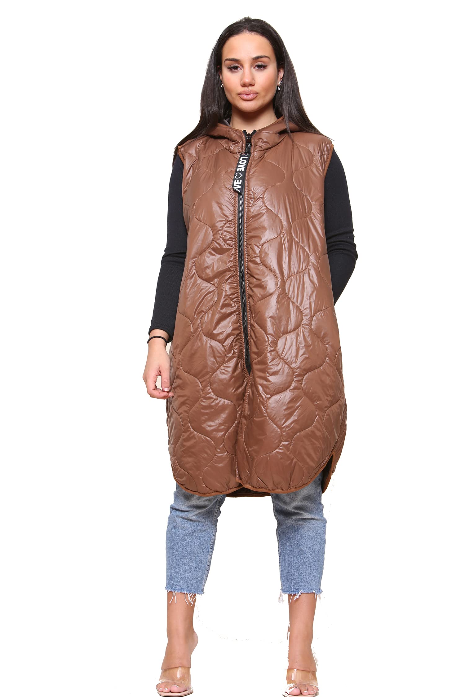 New Ladies Gilet Sleeveless Jacket Bodywarmer Hooded Puffer Vest Zip Up Coat Regular One Size