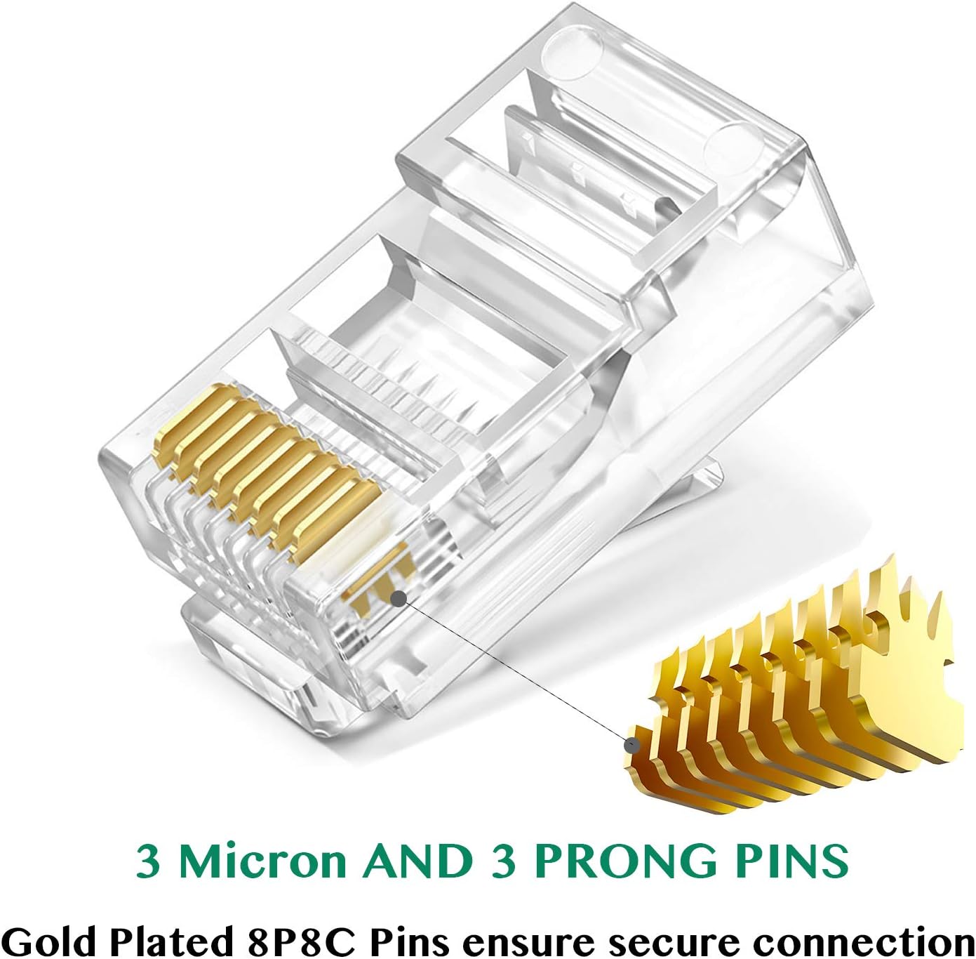 Kinoth RJ45 CAT6 Pass Through Connectors 100 Pack - Easy and Fast Termination - Gold Plated 3 Prong 8P8C Modular Ethernet UTP Network Cable Plug End for Cat6 Cat5e