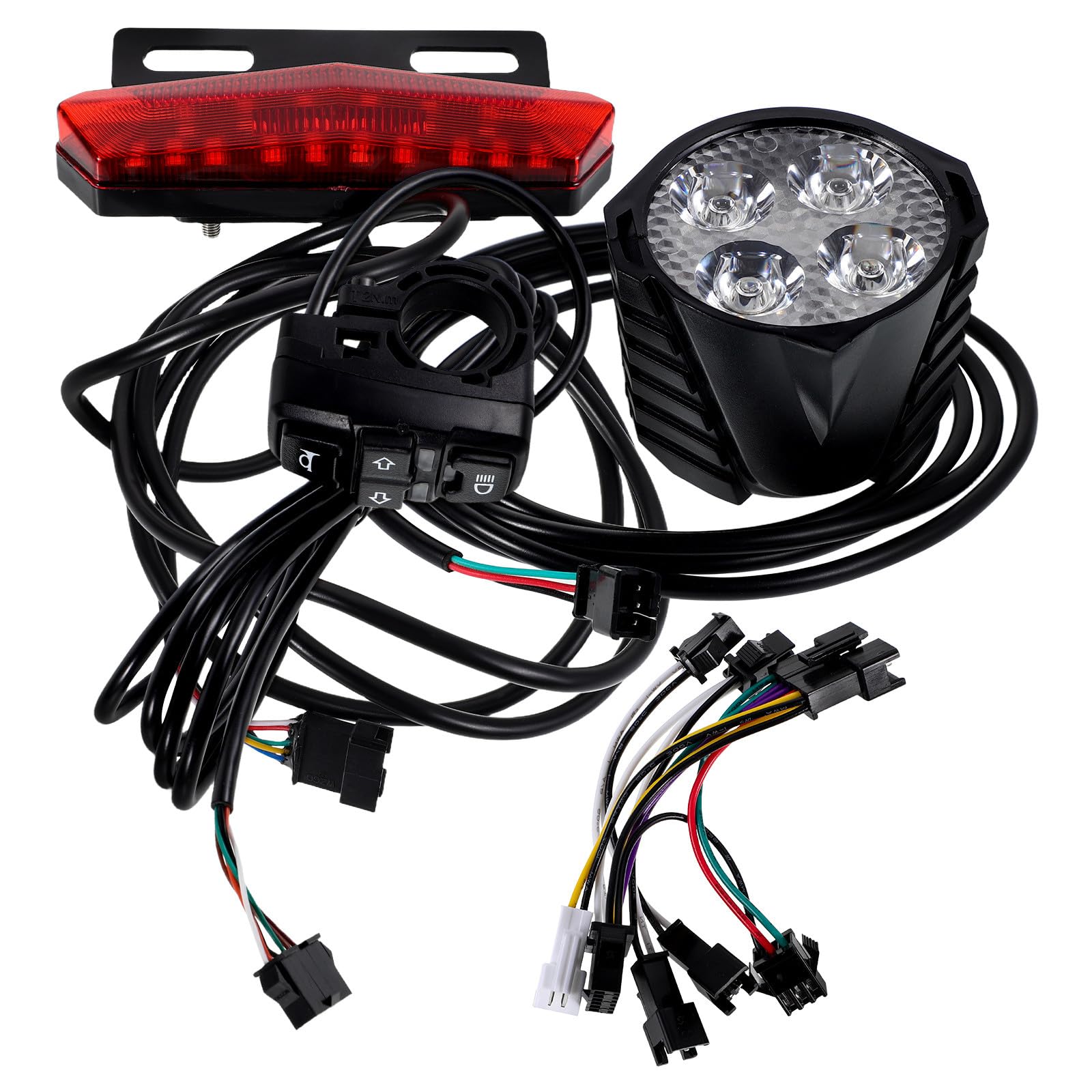 Veemoon Kit D'éclairage Vélo Électrique LED Complet avec Klaxon, Feu de Devant, Feu Arrière et Clignotants, Interrupteurs Boutons de Commande, Sécurité Route, Accessoires pour Cyclistes