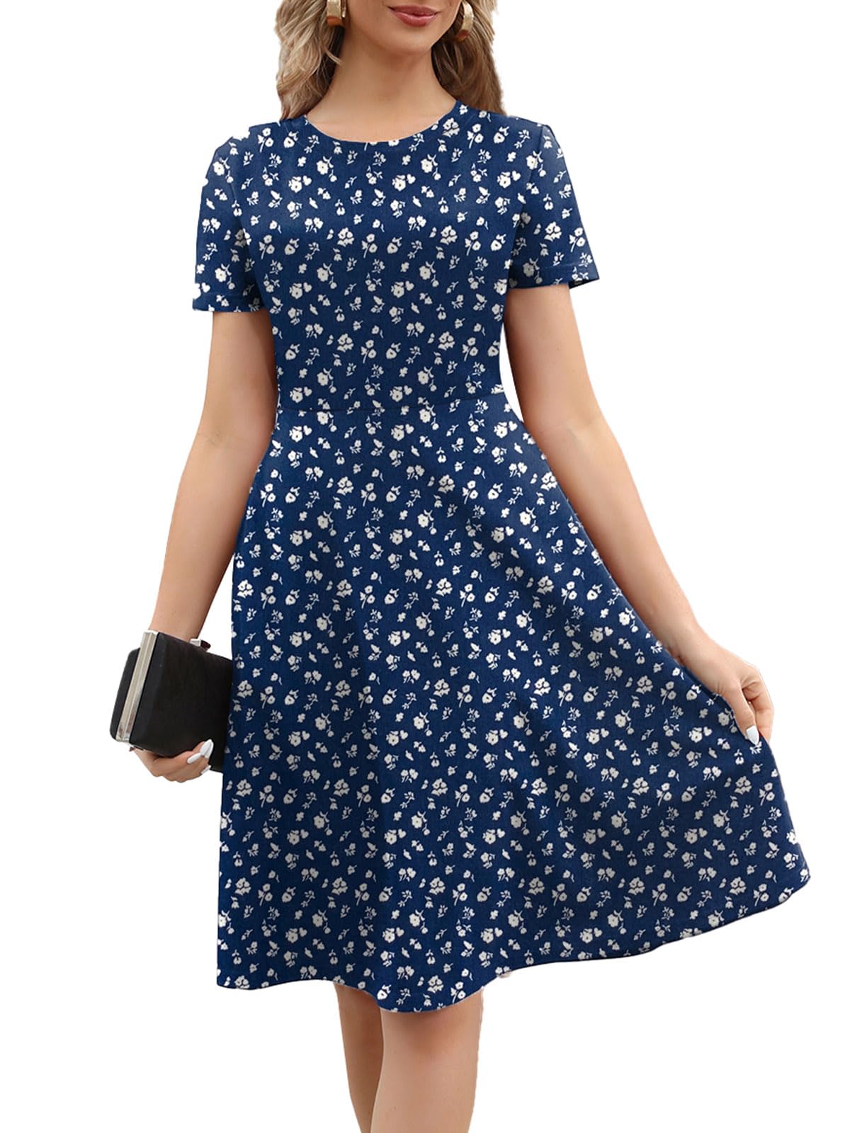Women's 2026 Fit and Flare Dress Summer Casual Elegant Vintage Floral Printed Work Party A-line Dress with Pockets 162