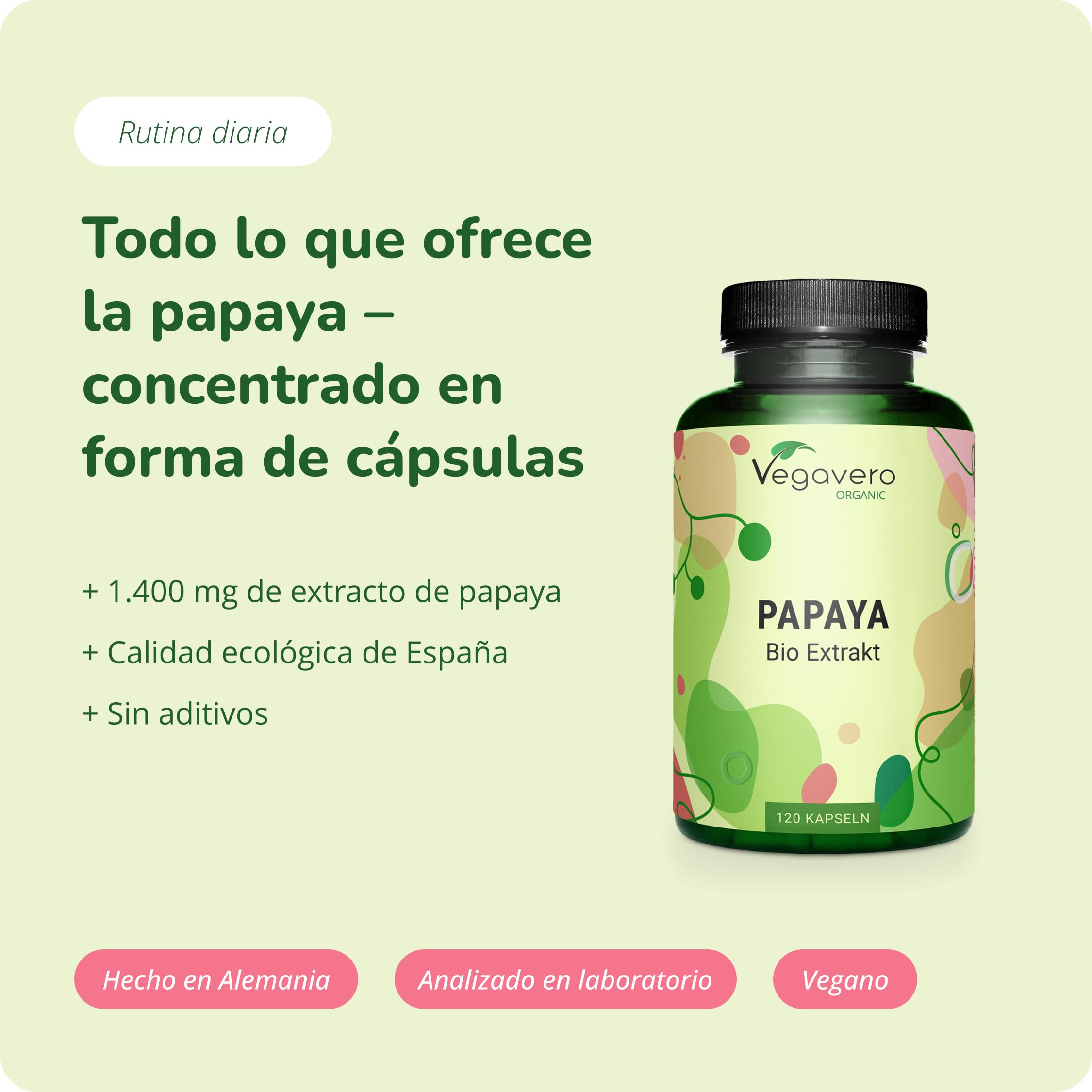 BIO Papaya Vegavero | Alta Dosis 1400mg | Calidad Española | Sin Aditivos | Estreñimiento + Digestión + Gases | Fuente de Papaína & Vitamina C | 120 Cápsulas