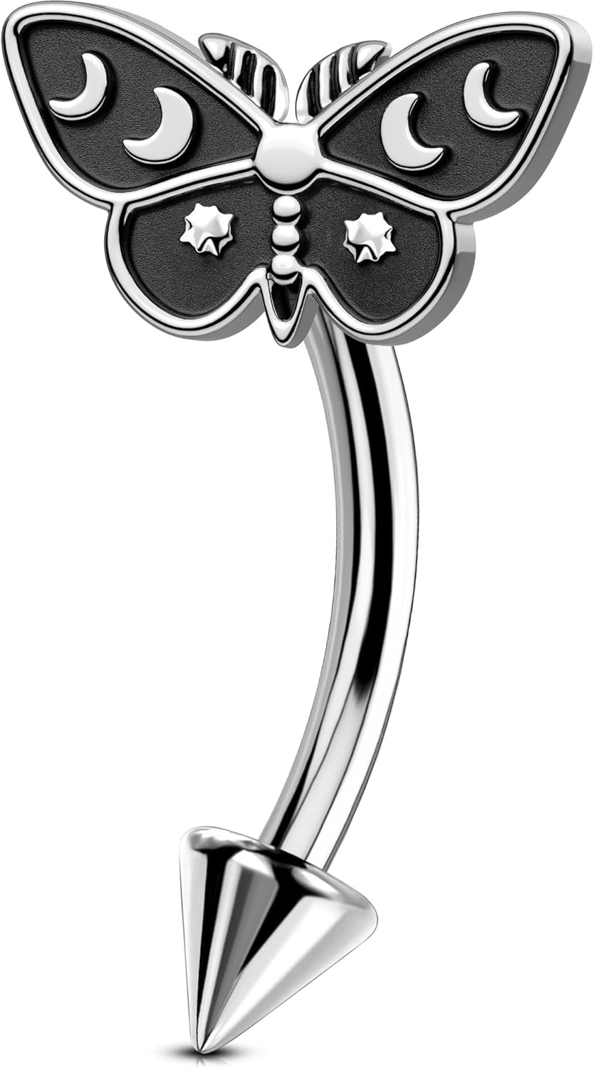 OUFER Halloween Moth Rook Eyebrow Piercing Jewelry, 316L Surgical Steel Rook Earrings for Women Men, Spooky Eyebrow Rings, 16G Curved Barbells, Halloween Body Piercing Jewelry-8mm