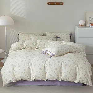 VM VOUGEMARKET Cotton Duvet Cover Set Queen,3 Pieces Purple Floral Bedding Set,Girls Lavender Flower Duvet Cover with Zipper Closure-Queen,90x90 Inch