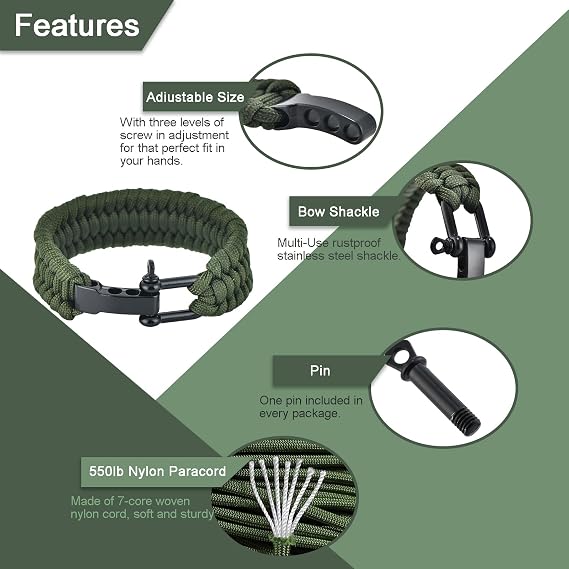 Paracord Survival Bracelet with Bow Shackle for Camping and Emergency