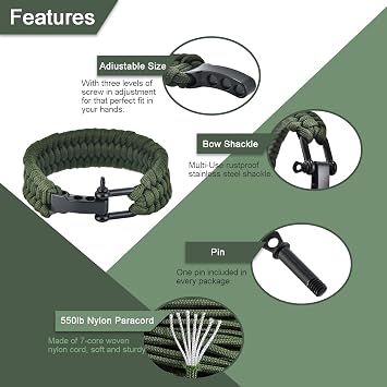 Paracord Survival Bracelet with Bow Shackle for Camping and Emergency